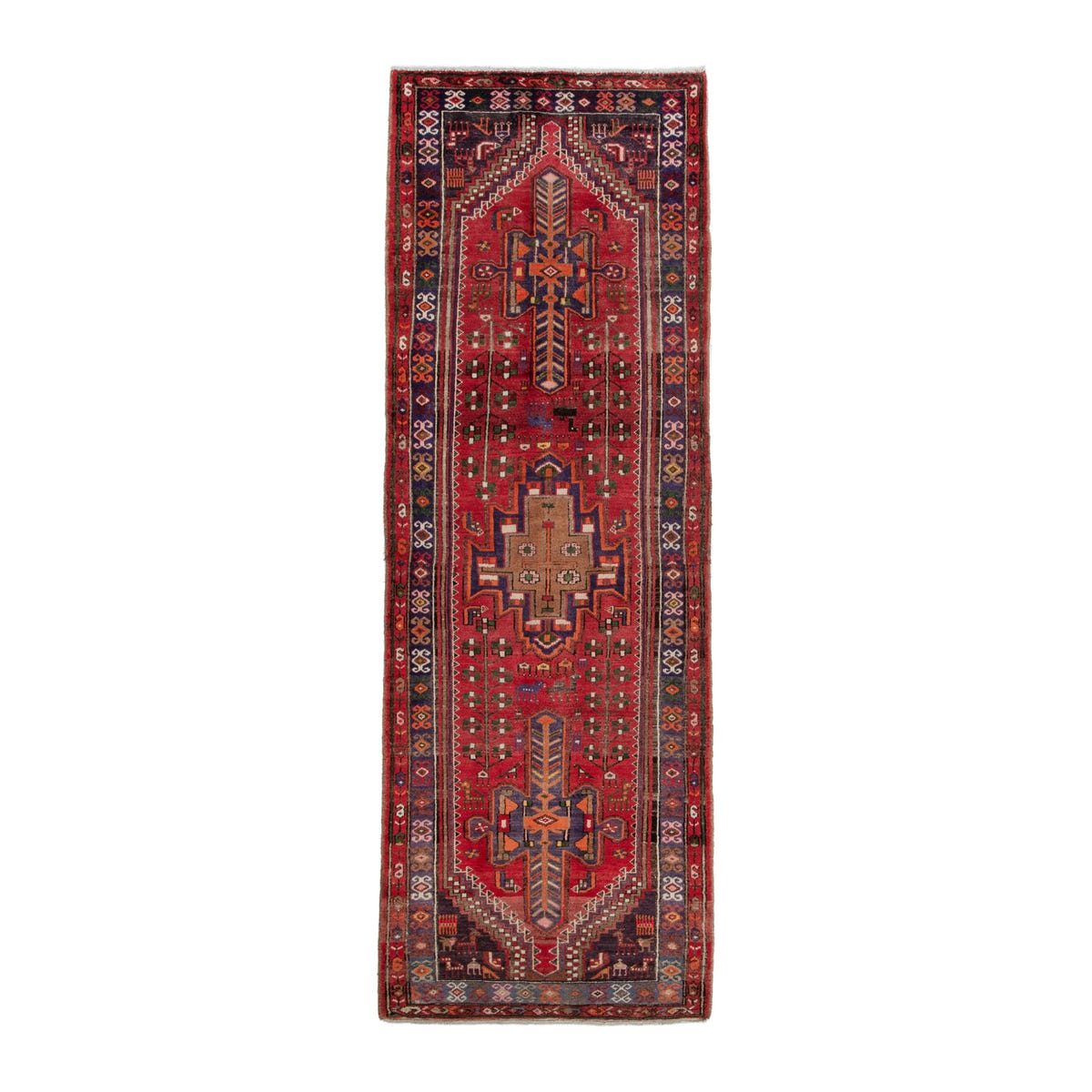 Persian Hamedan runner rug in deep red and dark brown, 3'5" x 10'