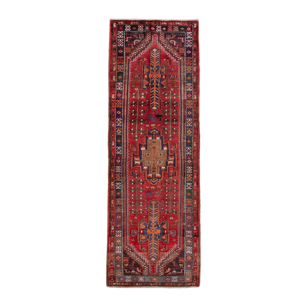 Persian Hamedan runner rug in deep red and dark brown, 3'5" x 10'