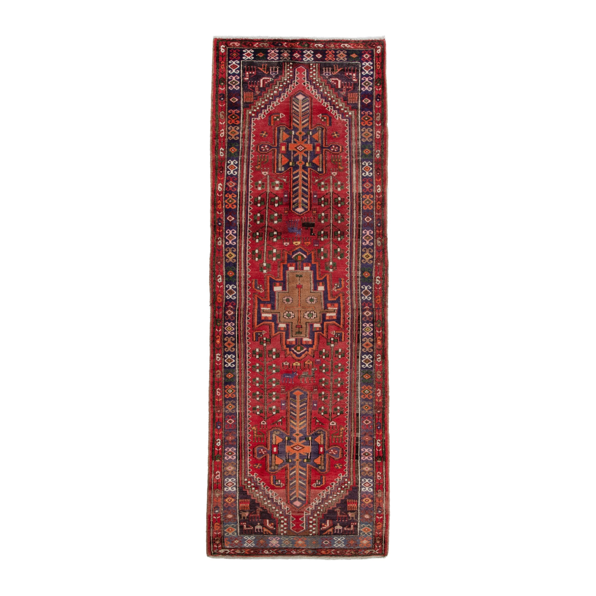 Persian Hamedan runner rug in deep red and dark brown, 3'5" x 10'