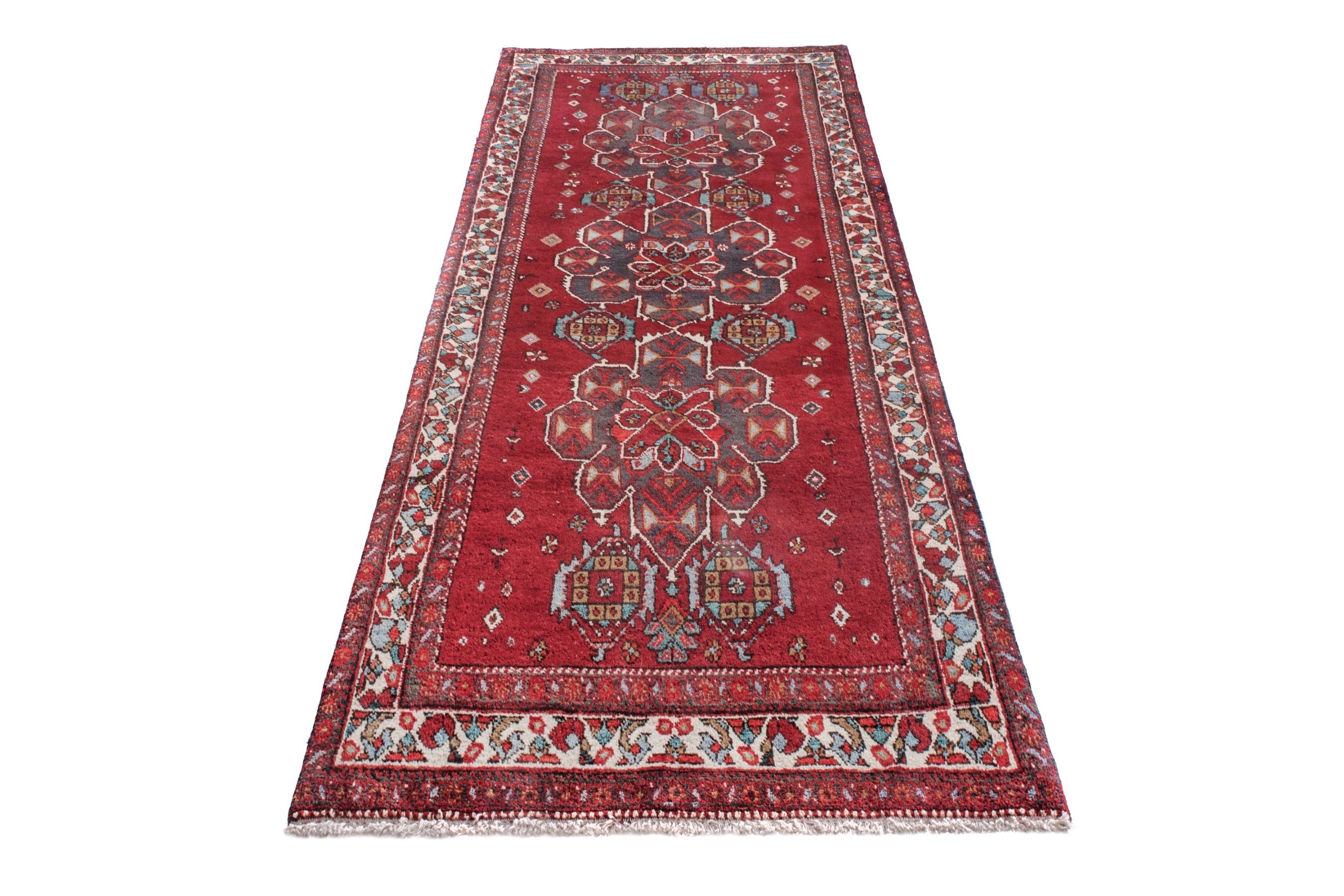 Persian Azerbaijan runner rug in deep red and cream, view 3 of 24