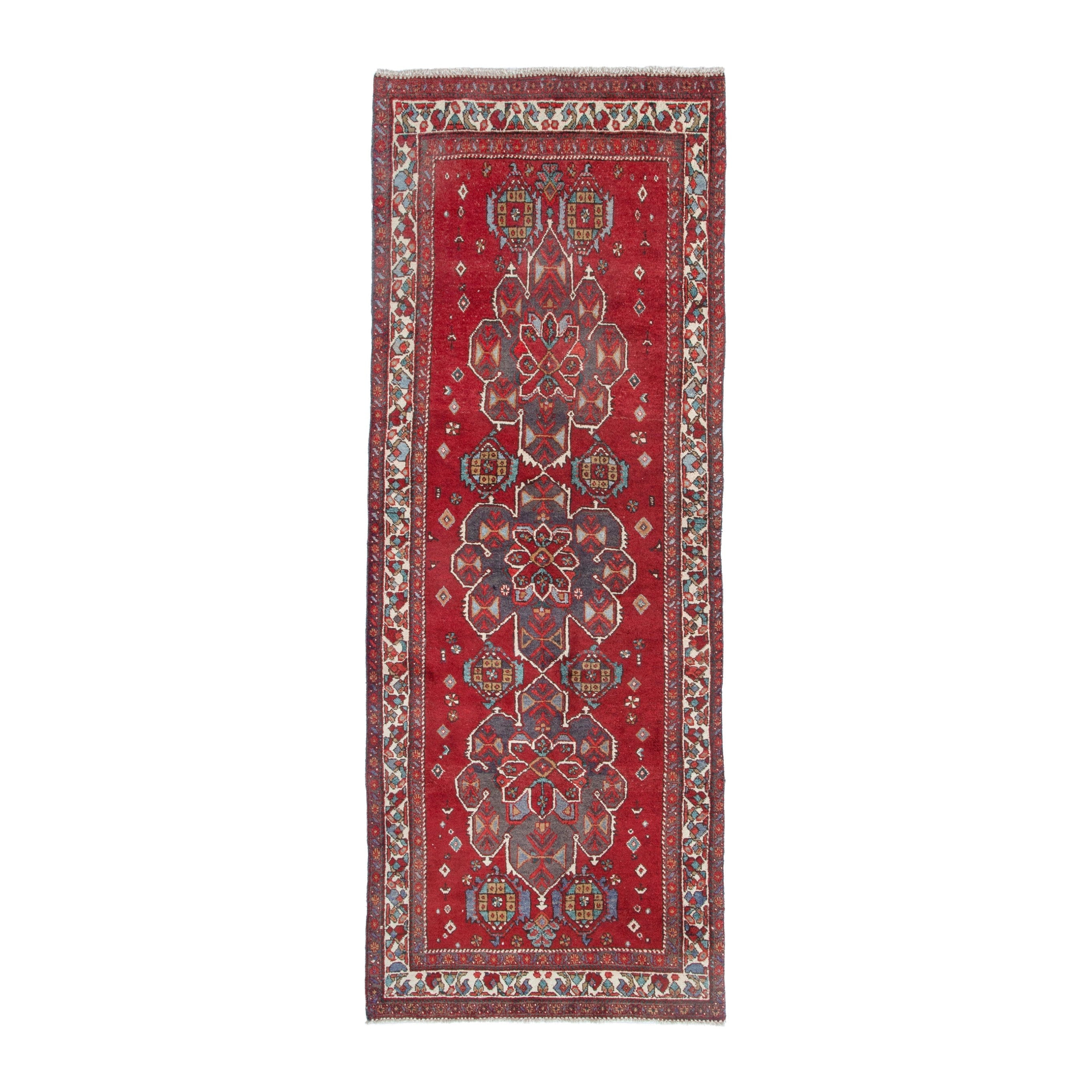 Persian Azerbaijan runner rug in deep red and cream, 3'11" x 10'10"