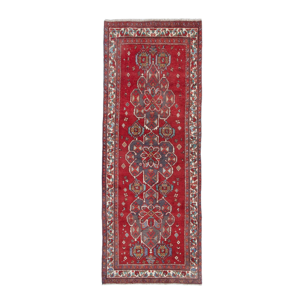Persian Azerbaijan runner rug in deep red and cream, 3'11" x 10'10"