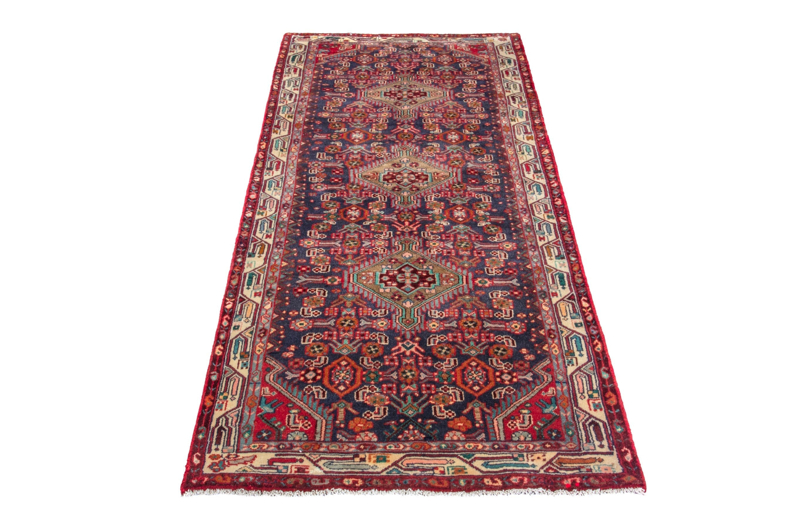 Persian Hamedan runner rug in burgundy and cream, view 3 of 14