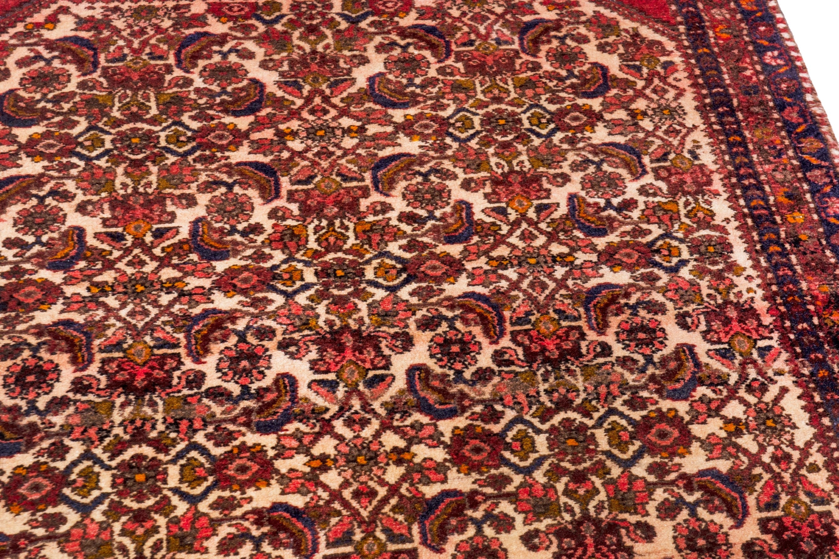 Persian Hamedan runner rug in cream and burgundy, view 10 of 22