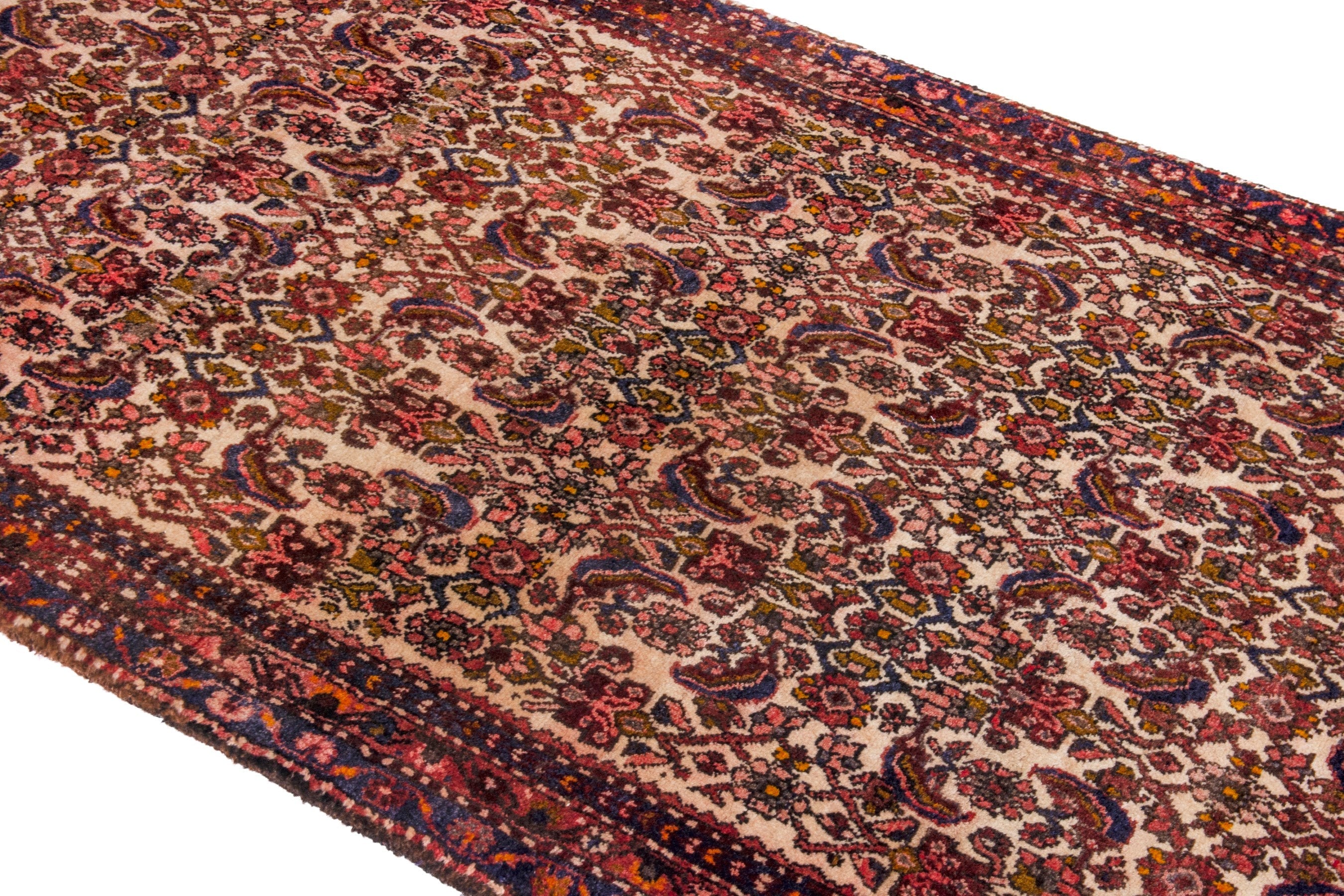 Persian Hamedan runner rug in cream and burgundy, view 5 of 22