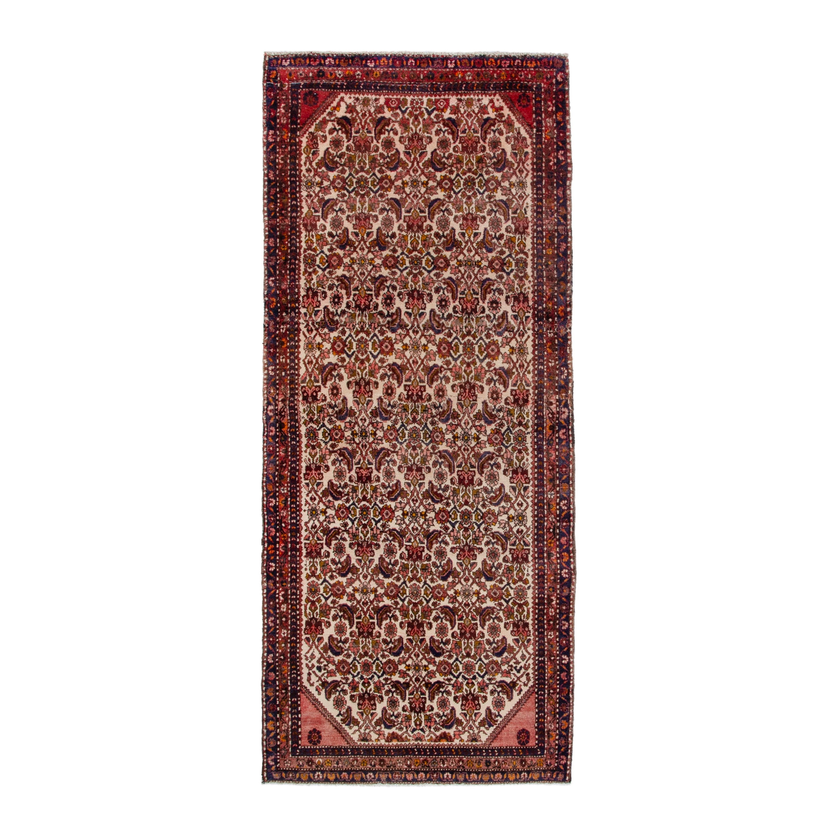 Persian Hamedan runner rug in cream and burgundy, 3'10" x 9'2"