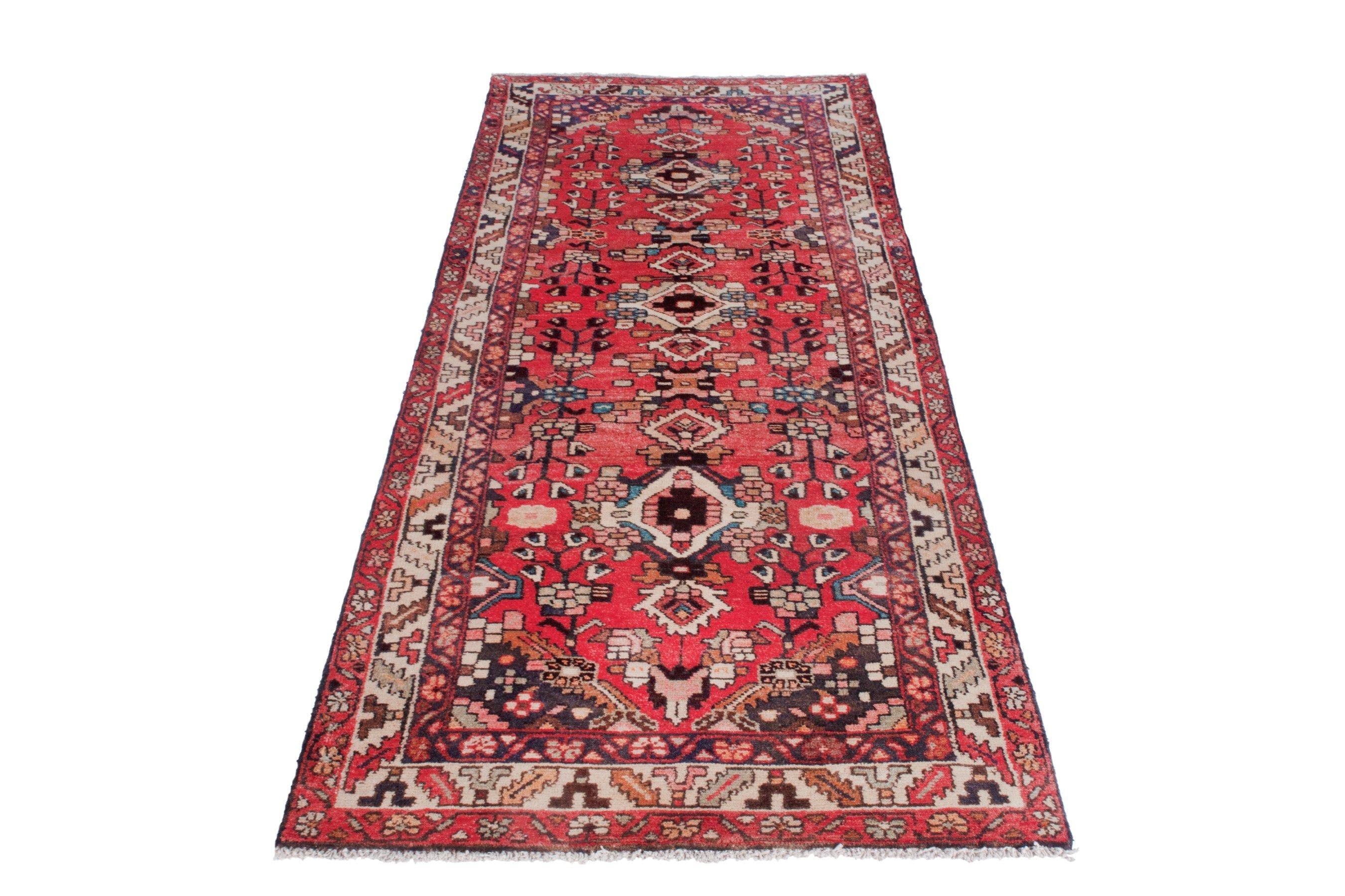 Persian Hamedan runner rug in deep red and cream, view 3 of 17