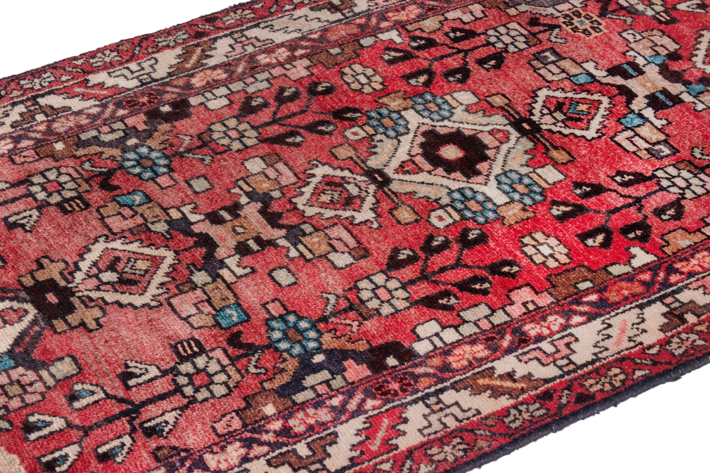 Persian Hamedan runner rug in deep red and cream, view 6 of 17