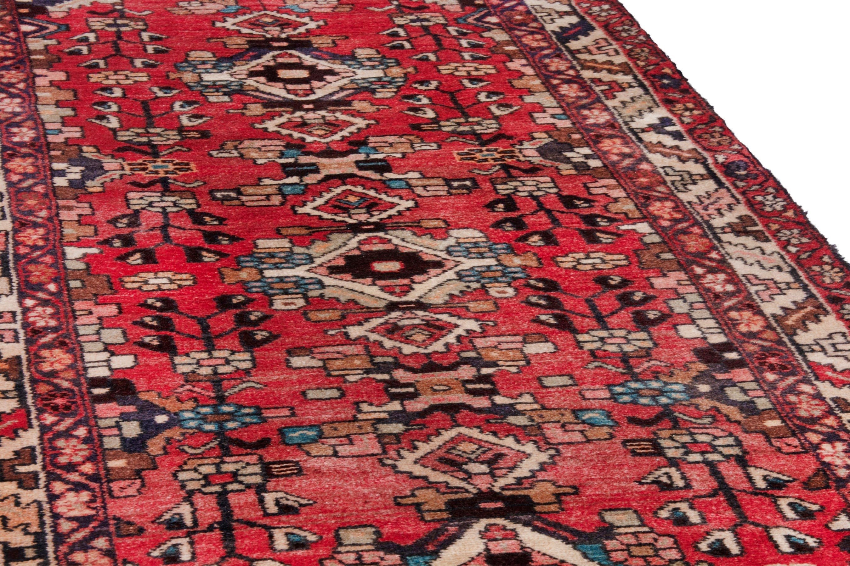 Persian Hamedan runner rug in deep red and cream, view 9 of 17