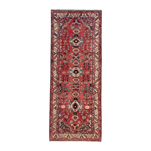 Persian Hamadan runner rug in deep red and cream, 3'5" x 9'6"