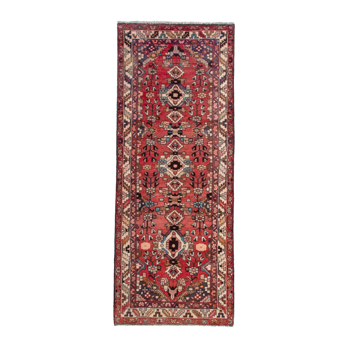 Persian Hamedan runner rug in deep red and cream, 3'5" x 9'6"