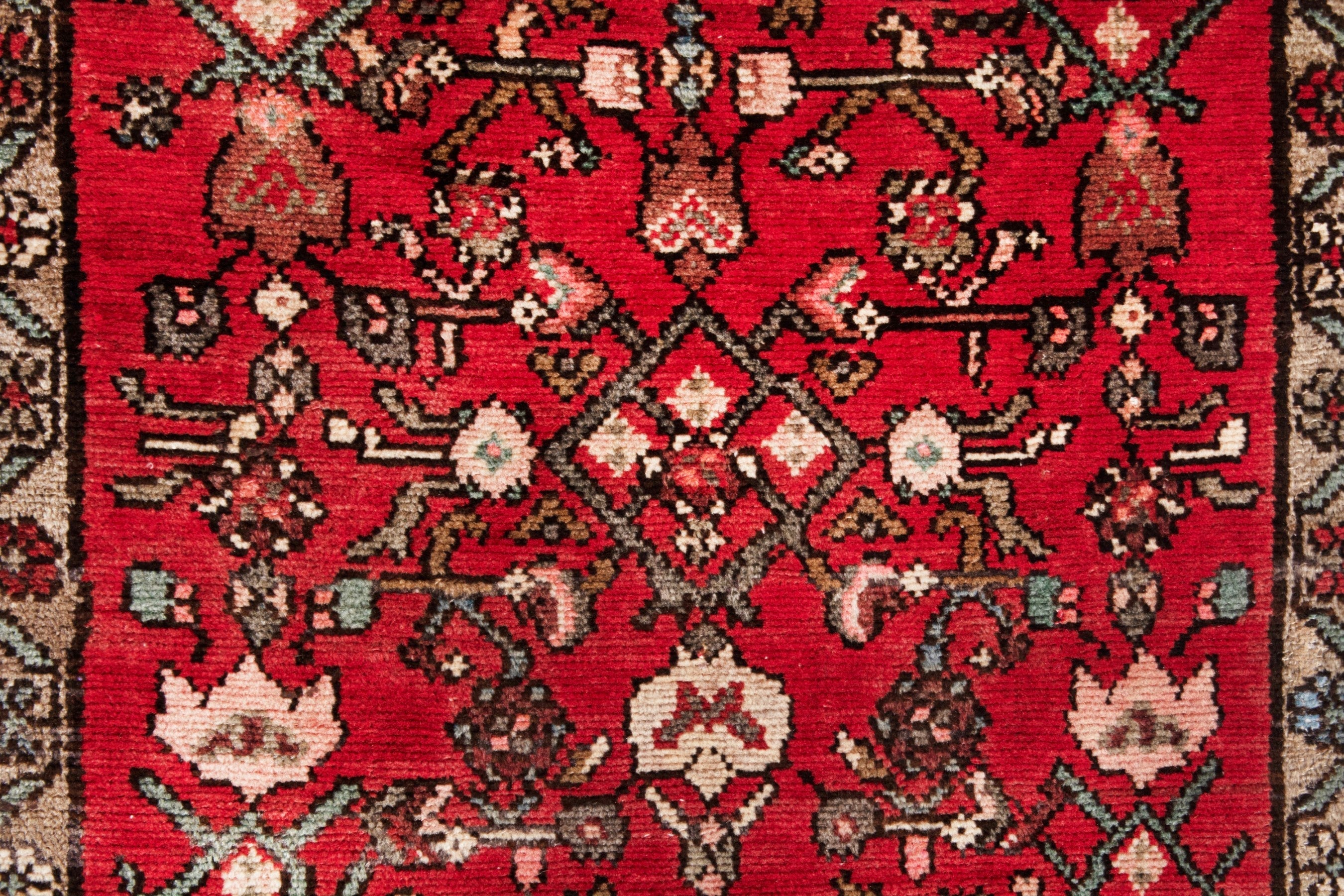 Persian Hosseinabad runner rug in deep red and tan, view 11 of 20