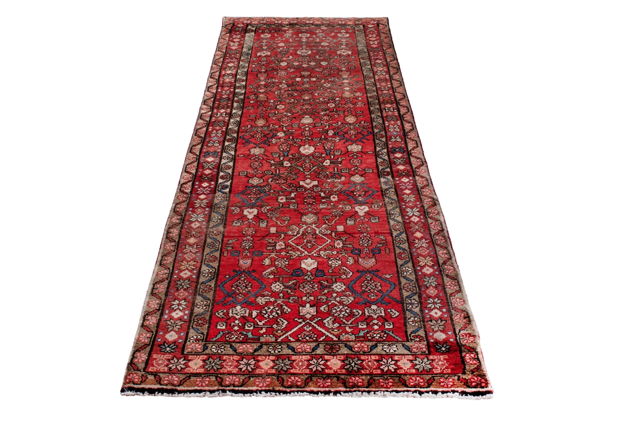 Persian Hosseinabad runner rug in deep red and tan, view 2 of 20