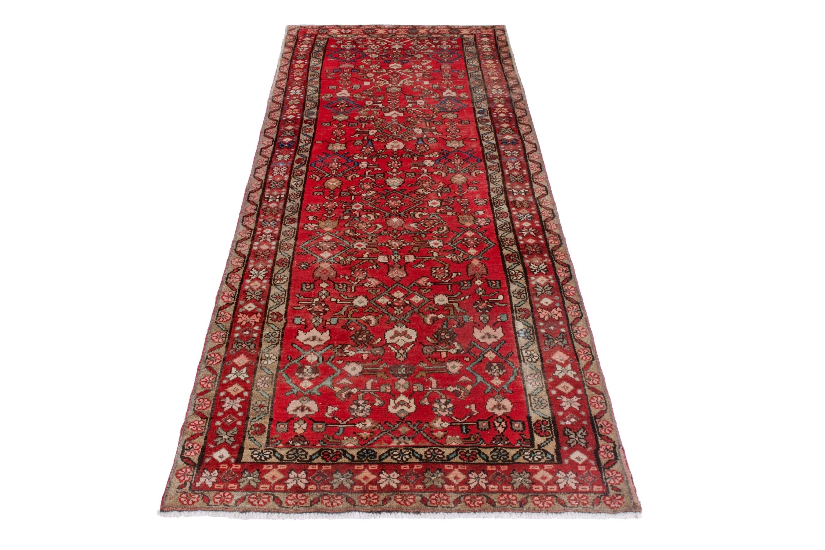 Persian Hosseinabad runner rug in deep red and tan, view 3 of 20