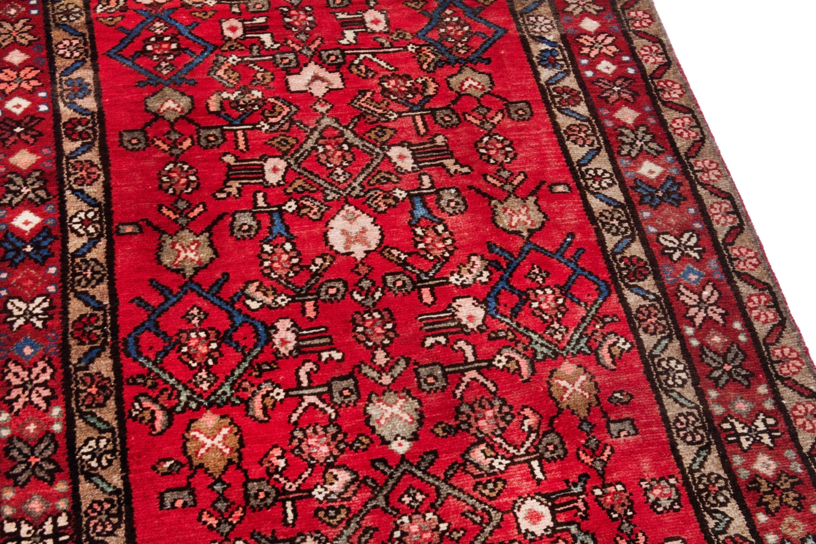 Persian Hosseinabad runner rug in deep red and tan, view 8 of 20