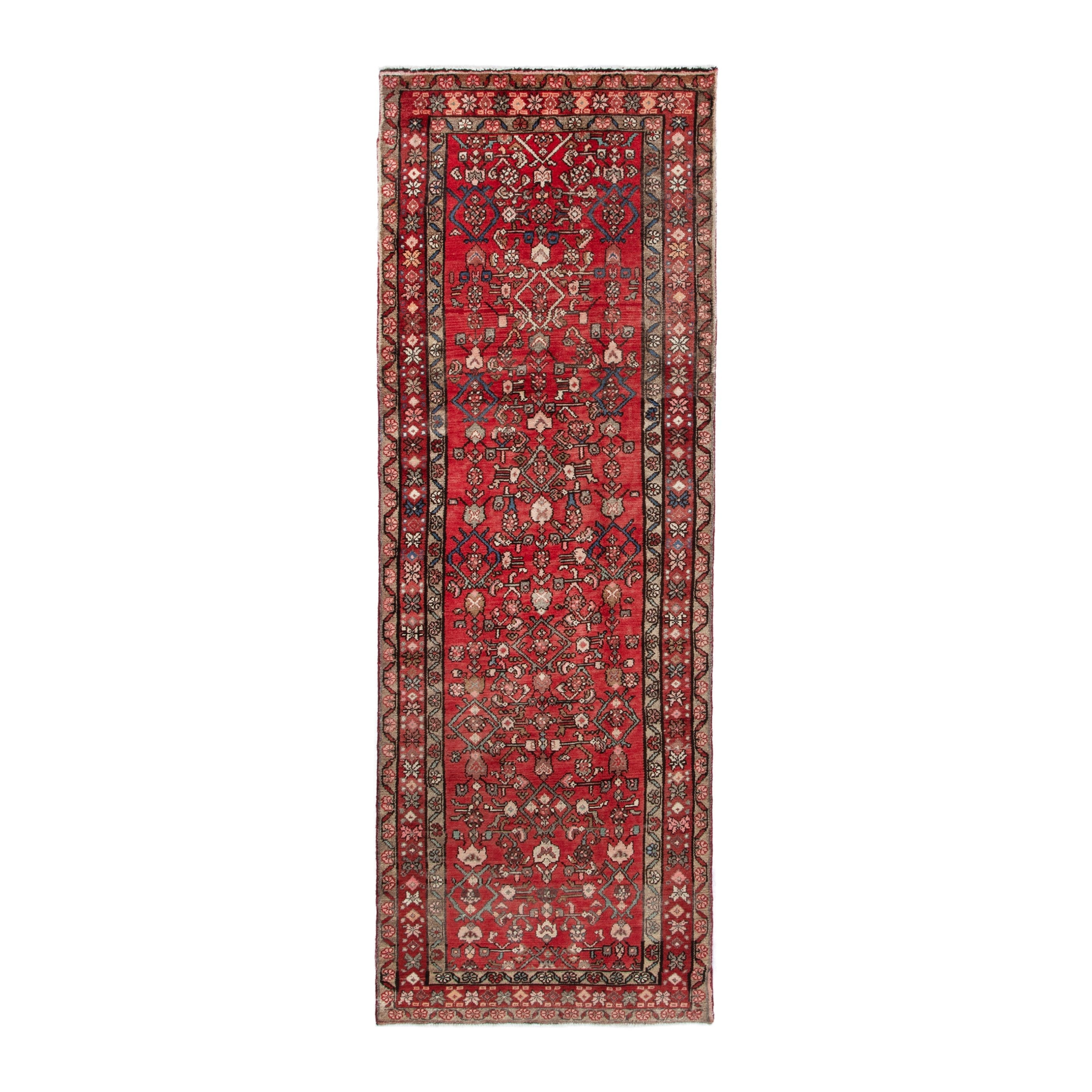 Persian Hosseinabad runner rug in deep red and tan, 3'3" x 9'9"