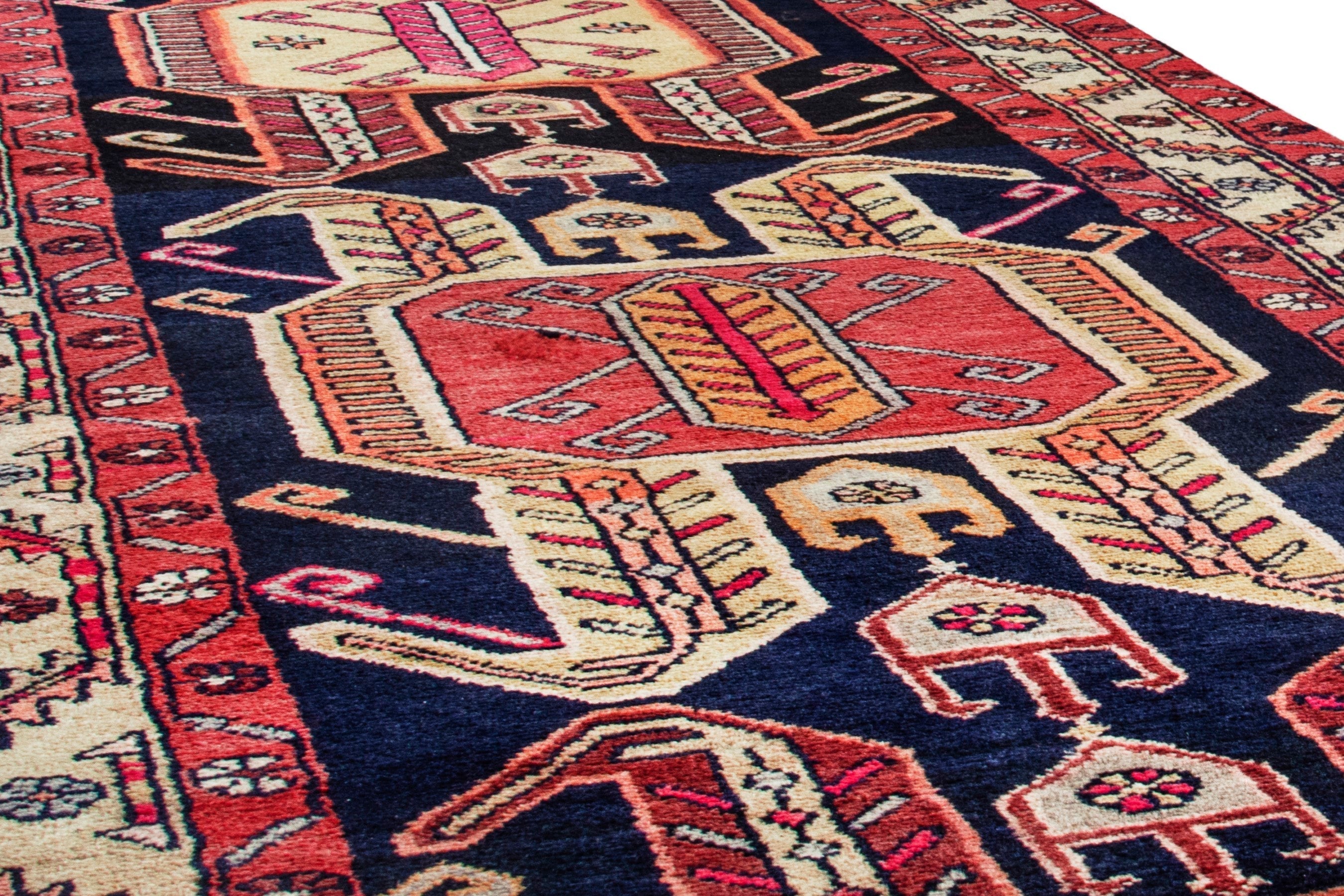 Persian Ardabil runner rug in navy and burgundy, view 10 of 19
