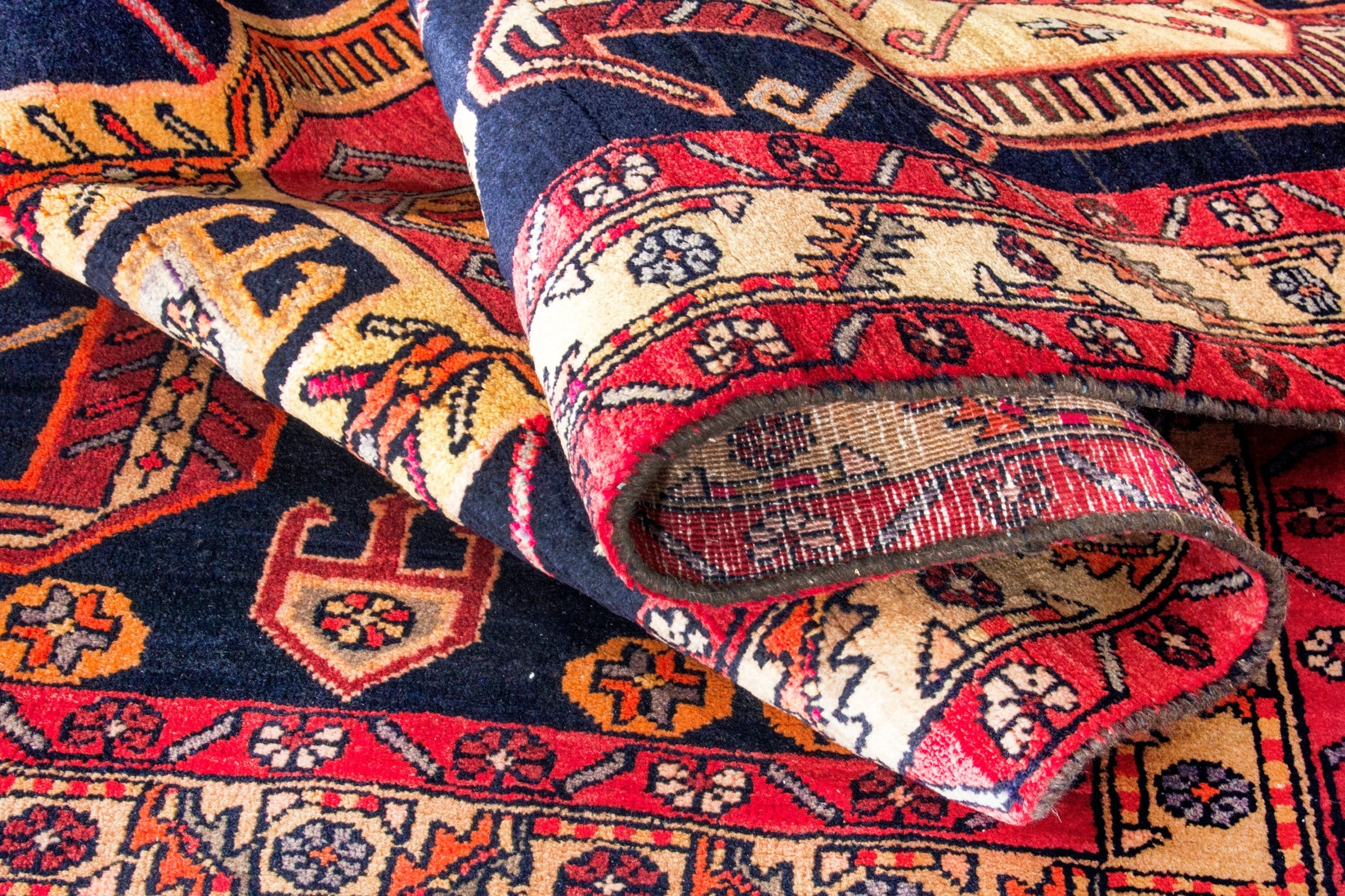 Persian Ardabil runner rug in navy and burgundy, view 17 of 19