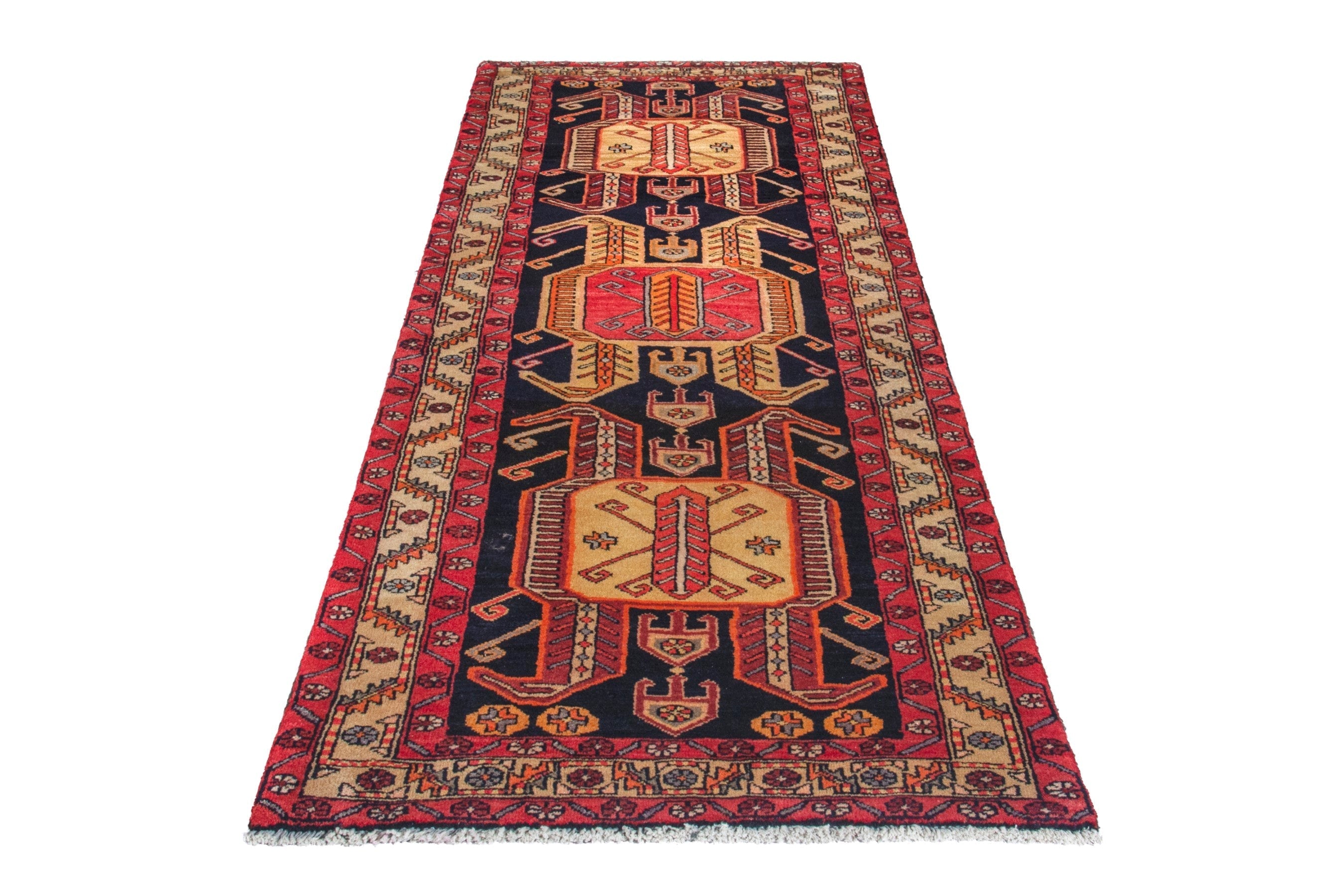 Persian Ardabil runner rug in navy and burgundy, view 3 of 19