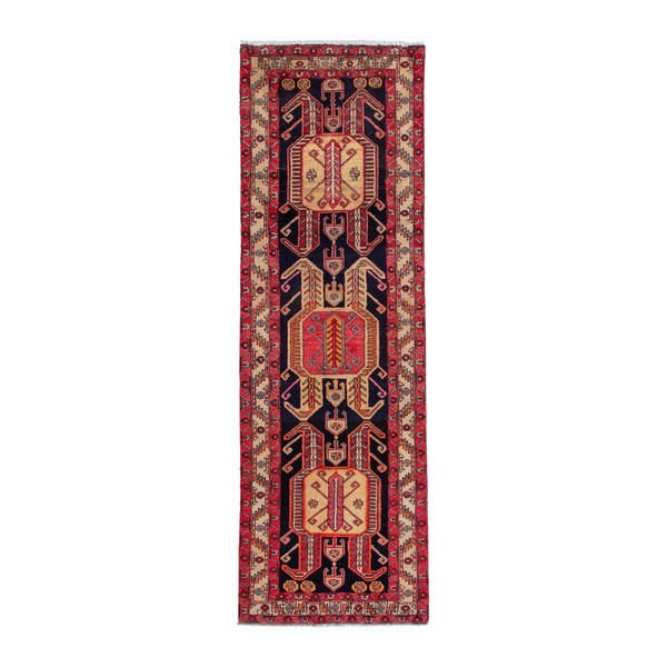 Persian Ardabil runner rug in navy and burgundy, 3'3" x 10'2"