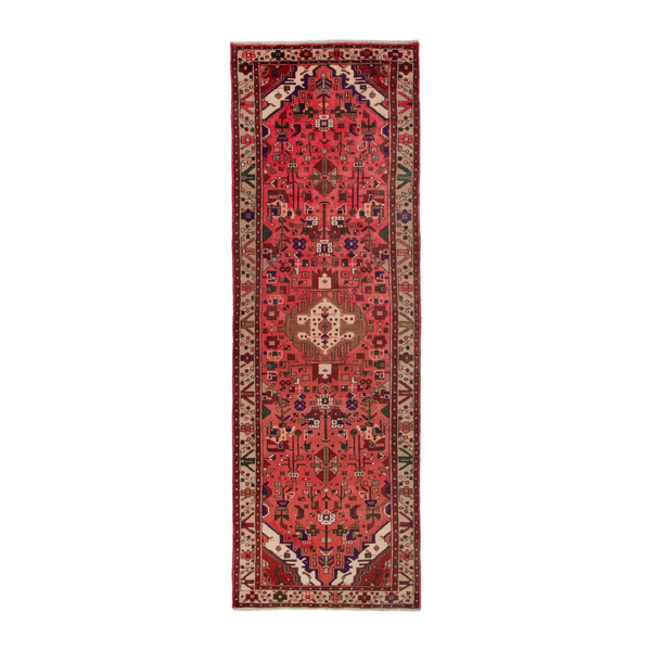 Persian Zanjan runner rug in deep red and cream, 3'3" x 9'11"