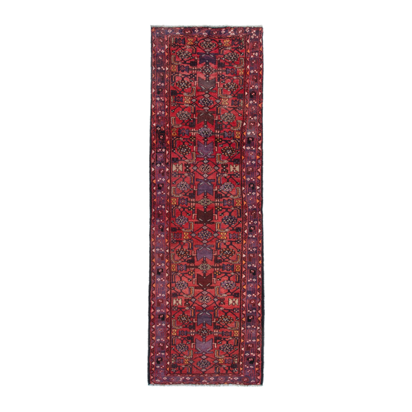 Persian Hamadan runner rug in deep red and burgundy, 3'5" x 11'1"