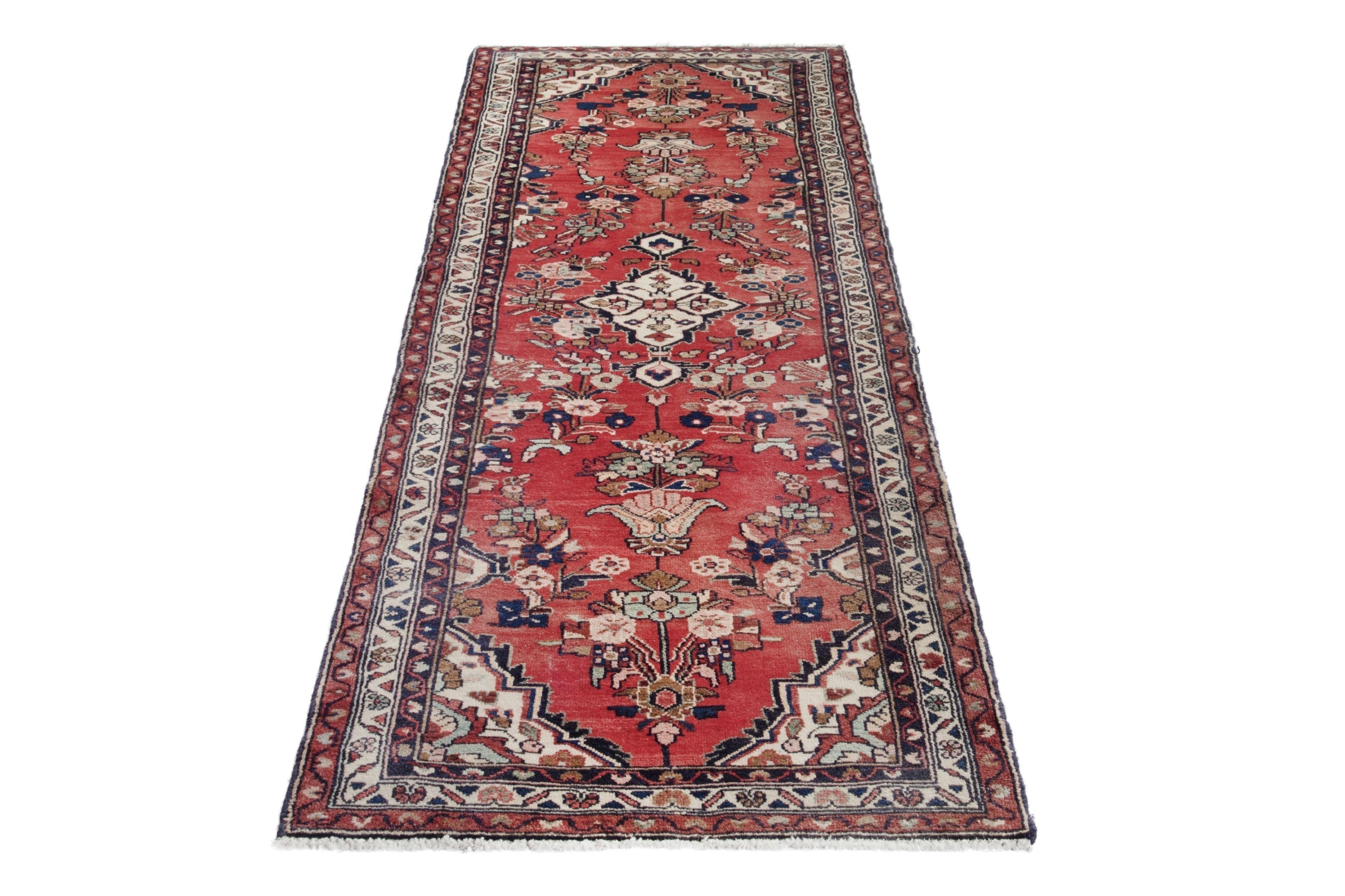 Persian Hamedan runner rug in deep red and cream, view 2 of 18