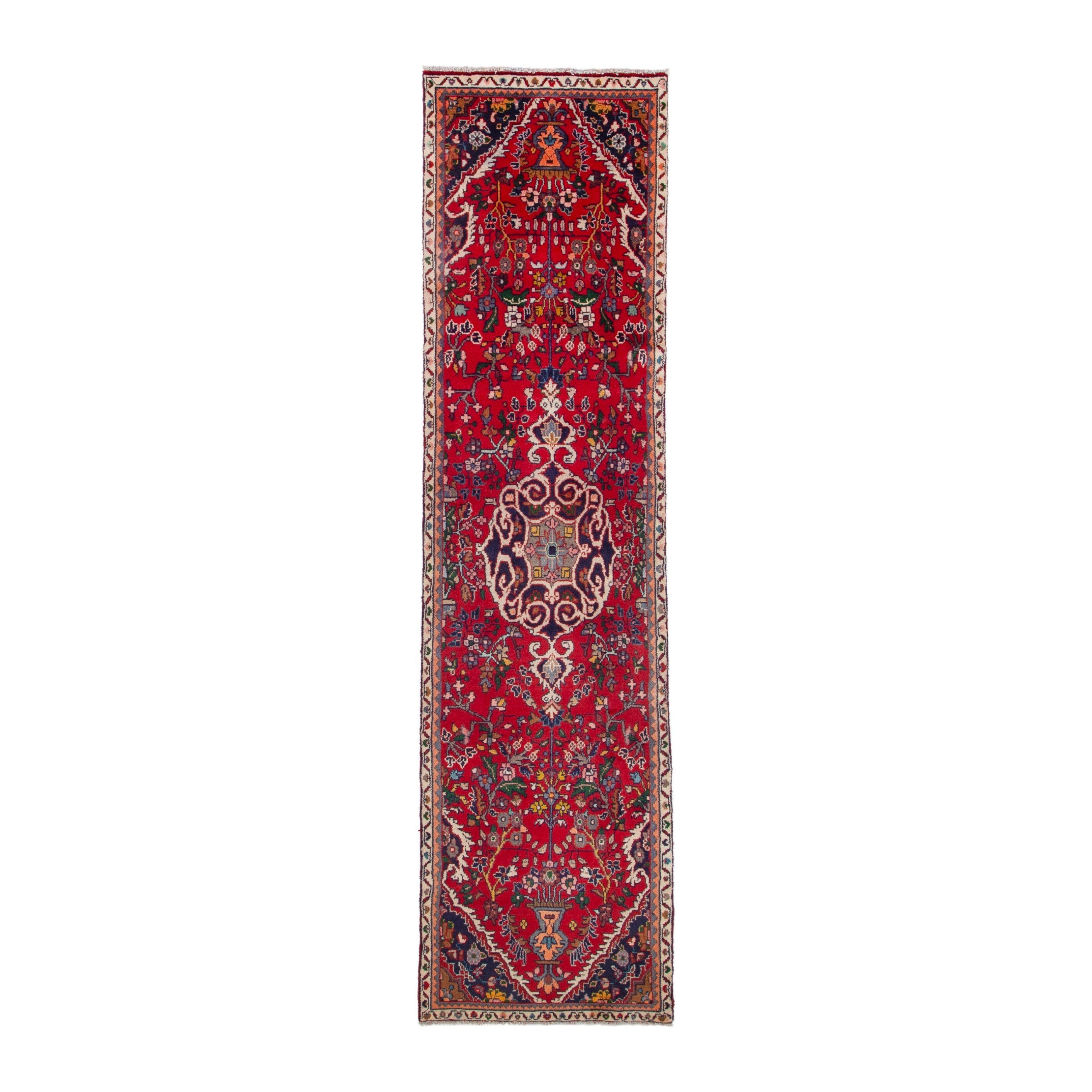 Persian Hamedan runner rug in deep red and cream, 3'3" x 9'4"