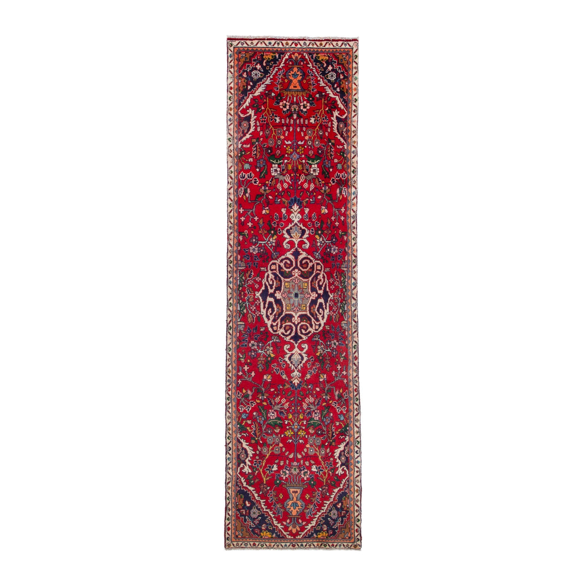 Persian Hamedan runner rug in deep red and cream, 3'3" x 9'4"