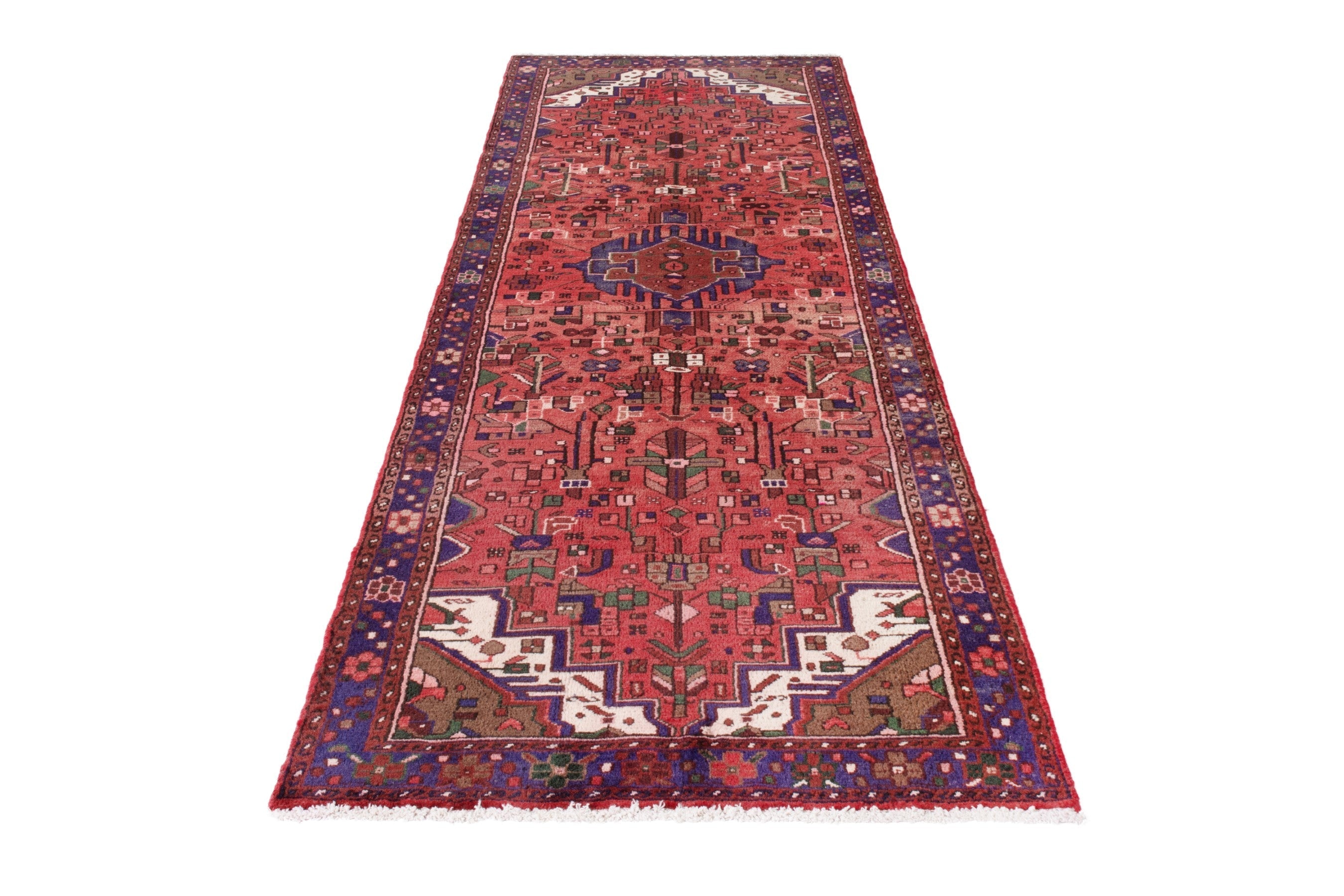 Persian Zanjan runner rug in deep red and navy, view 3 of 21