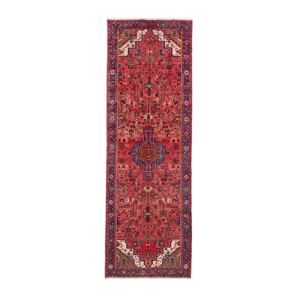 Persian Zanjan runner rug in deep red and navy, 3' x 9'5"