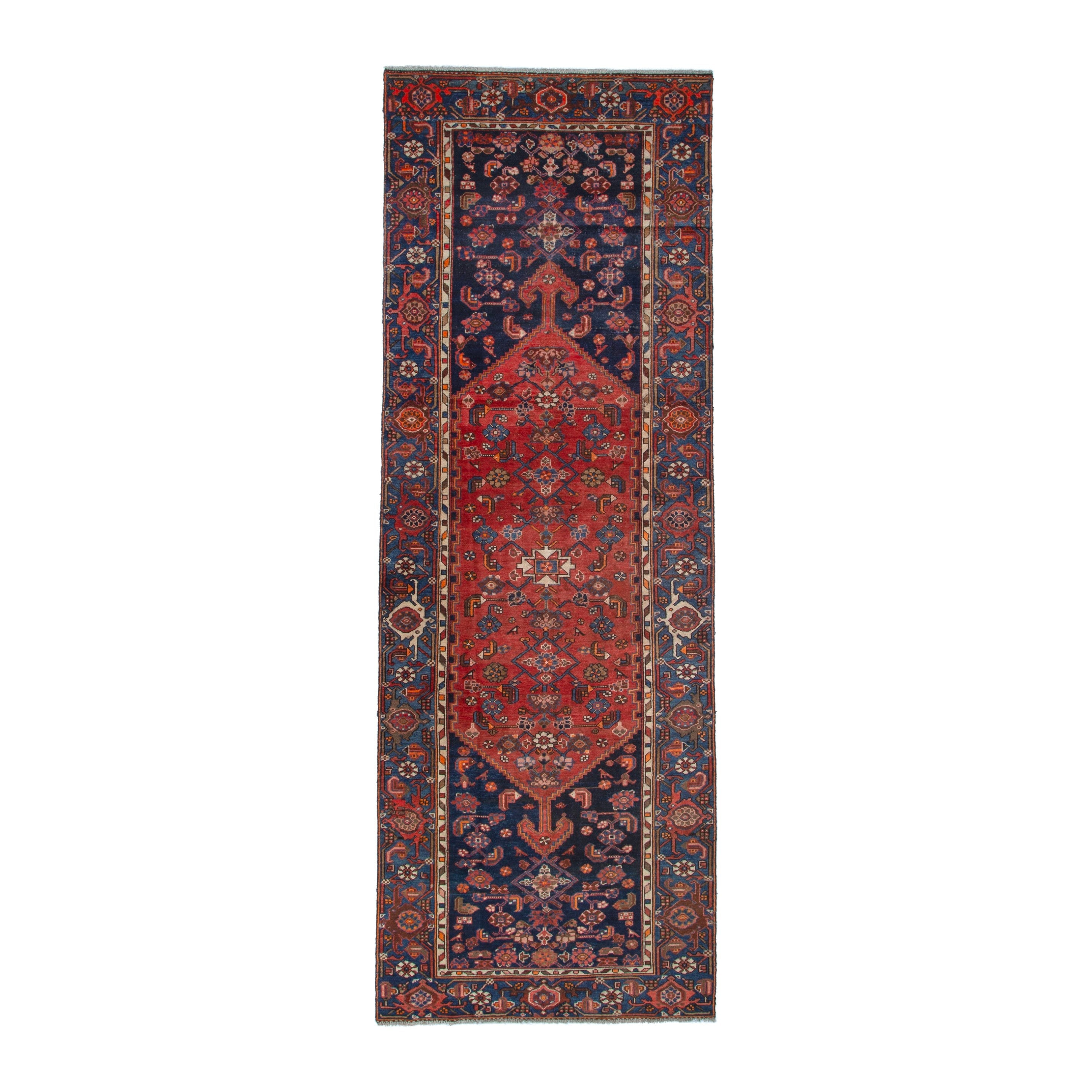Persian Zanjan area rug in navy and rust, 4'2" x 12'10"