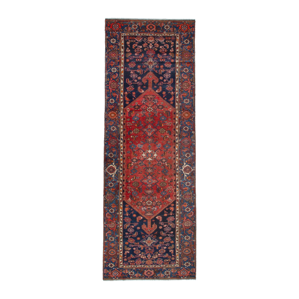 Persian Zanjan runner rug in navy and rust, 4'2" x 12'10"