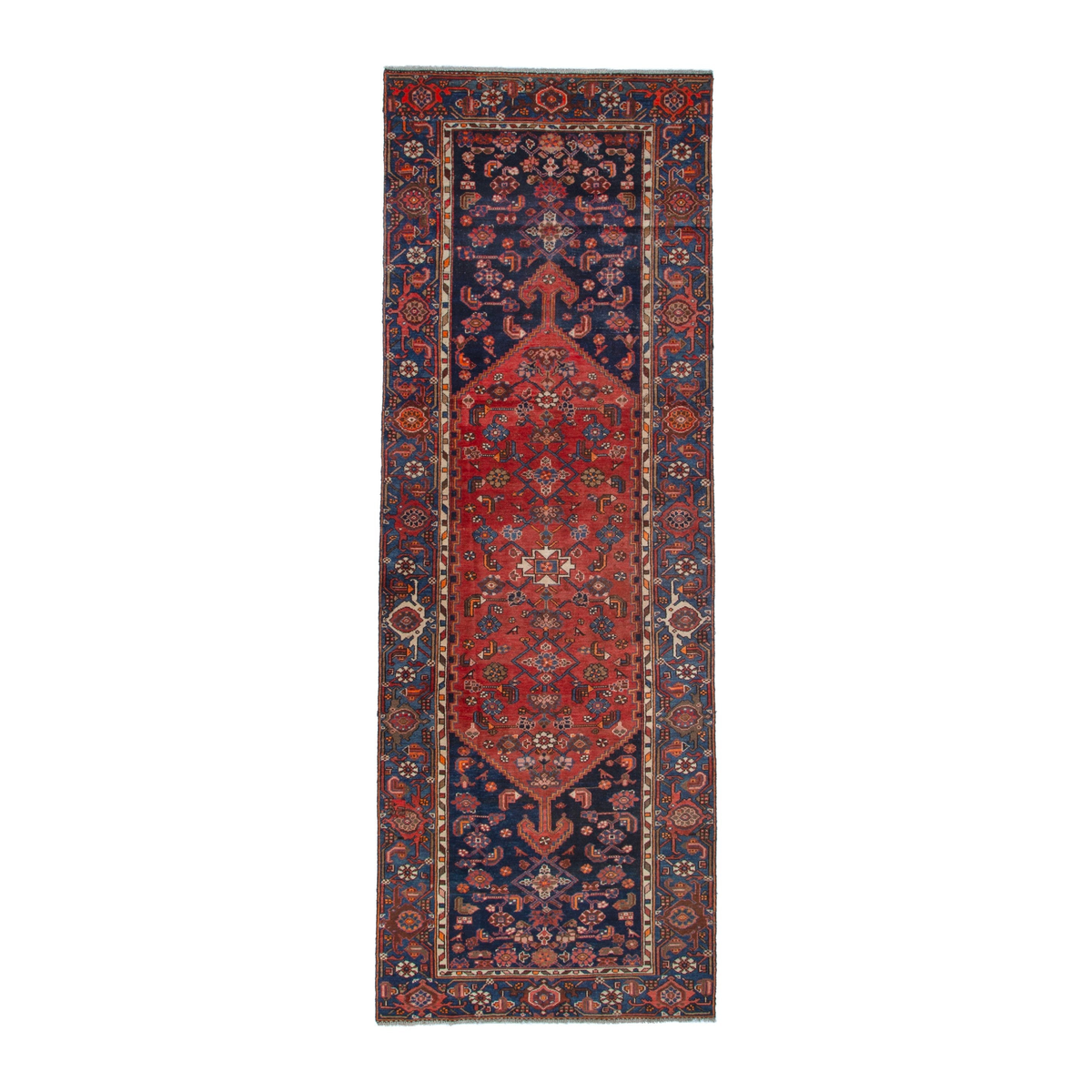 Persian Zanjan runner rug in navy and rust, 4'2" x 12'10"