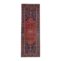 Persian Zanjan runner rug in navy and rust, 4'2" x 12'10"