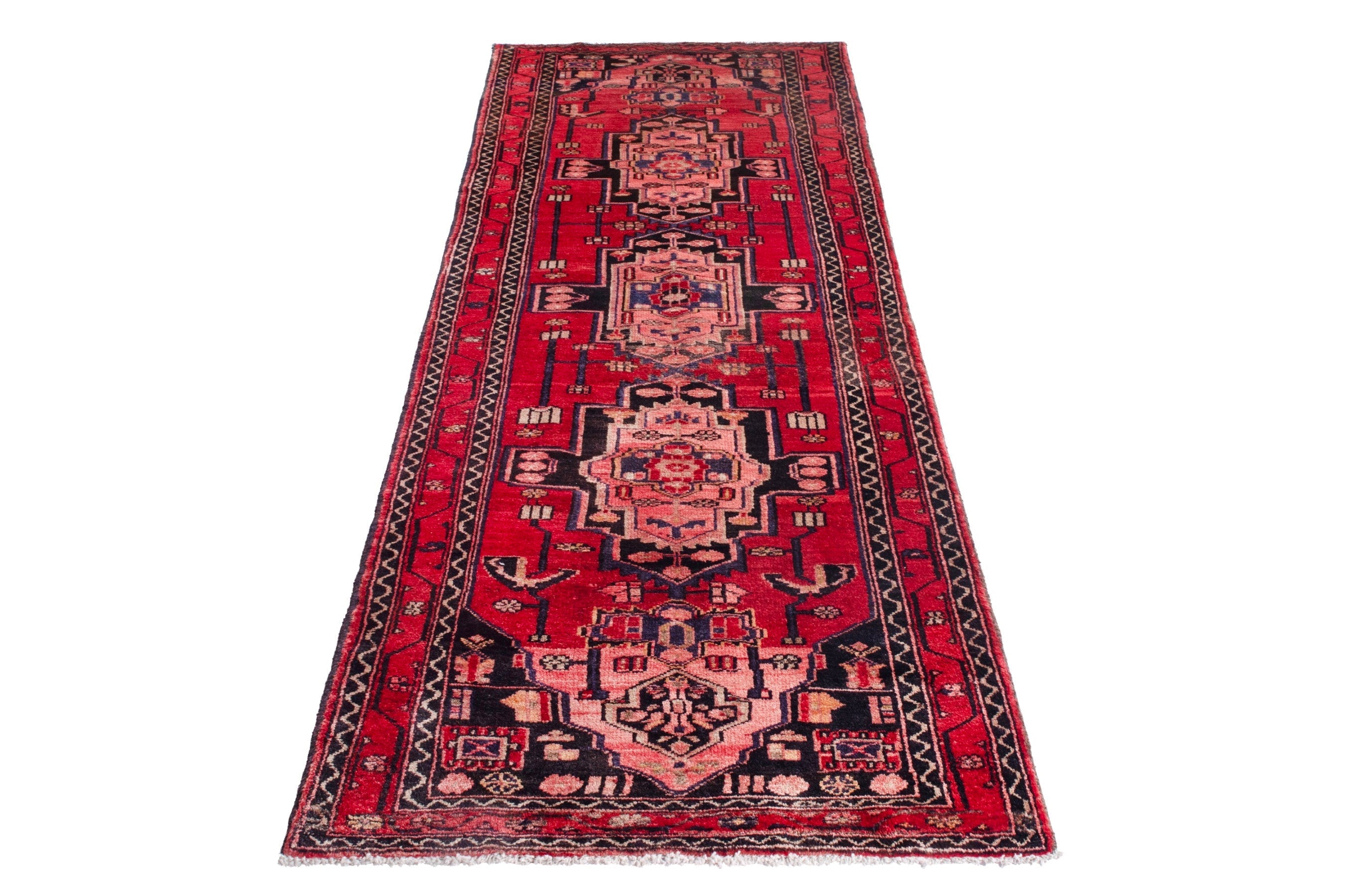 Persian Zanjan runner rug in deep red and muted pink, view 2 of 23