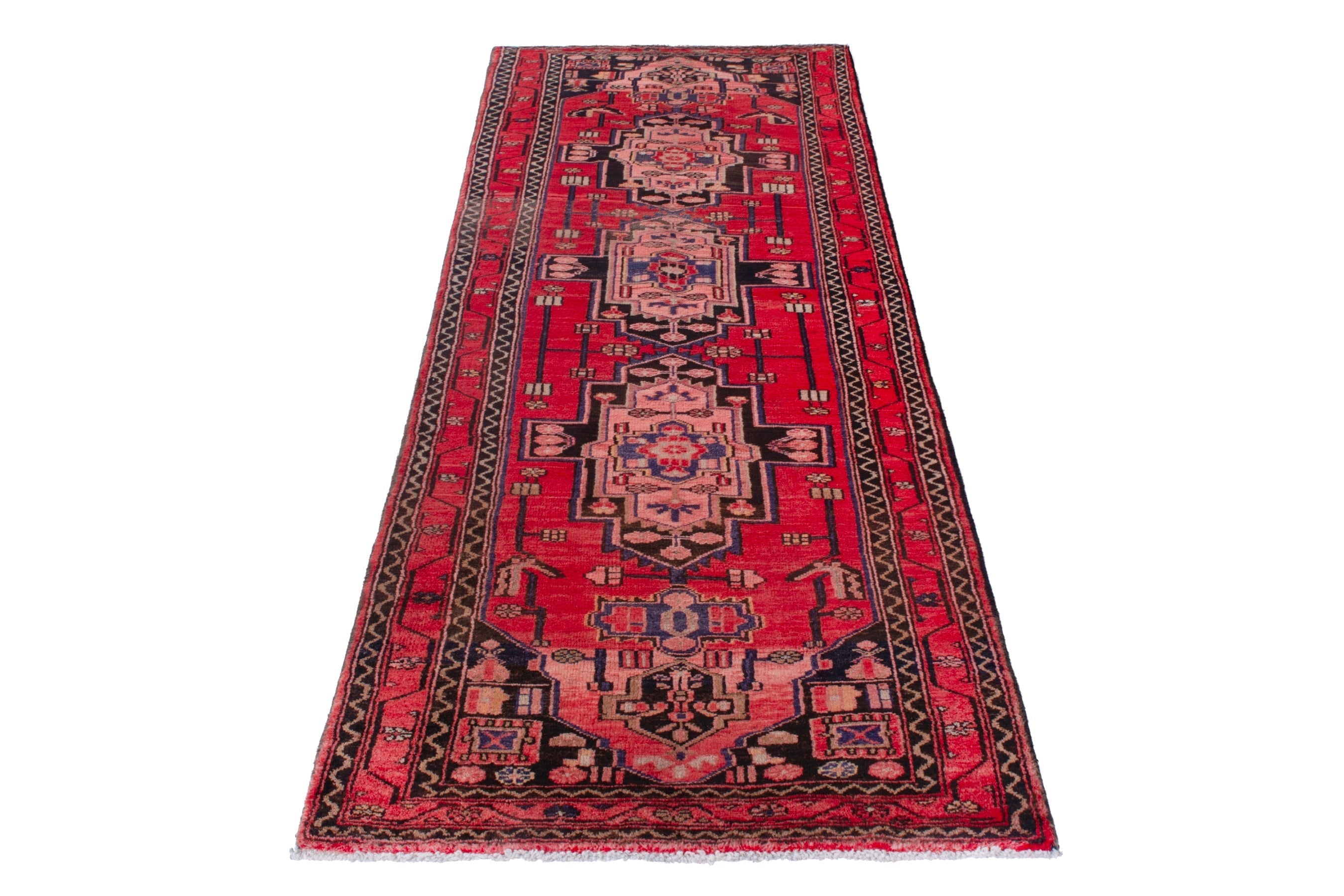 Persian Zanjan runner rug in deep red and muted pink, view 3 of 23