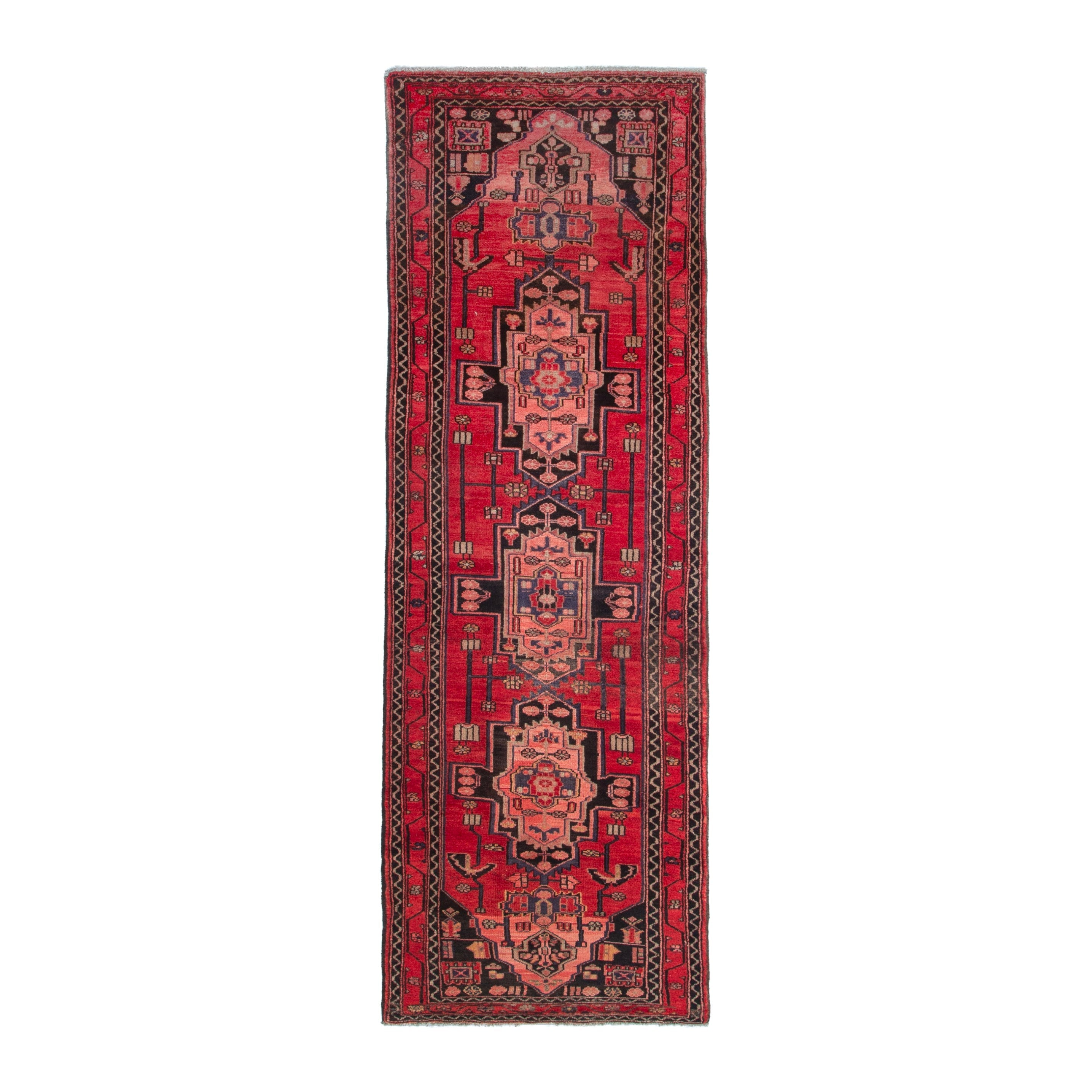 Persian Zanjan runner rug in deep red and muted pink, 3'4" x 10'2"