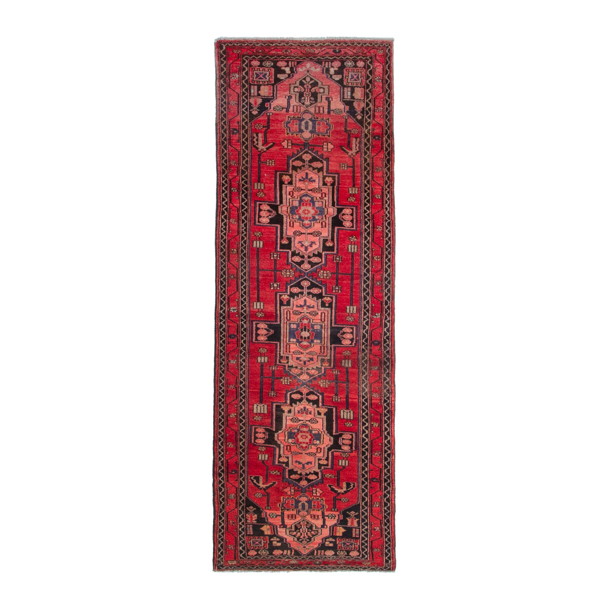 Persian Zanjan runner rug in deep red and muted pink, 3'4" x 10'2"