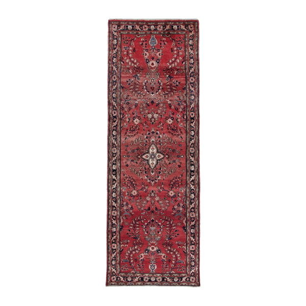 Persian Hamadan runner rug in faded red and burgundy, 3'5" x 9'8"