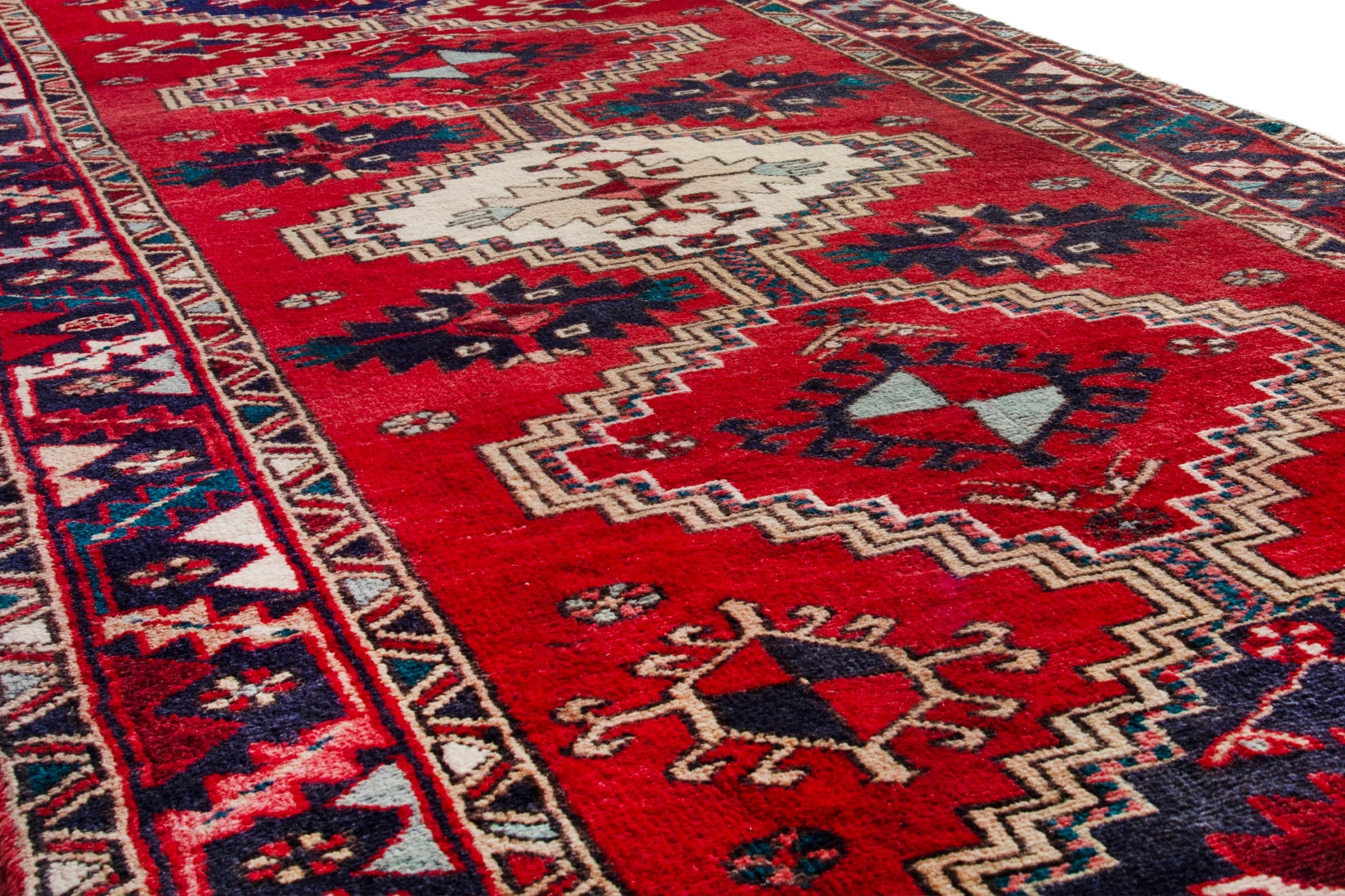 Persian Azerbaijan runner rug in deep red and navy, view 8 of 20