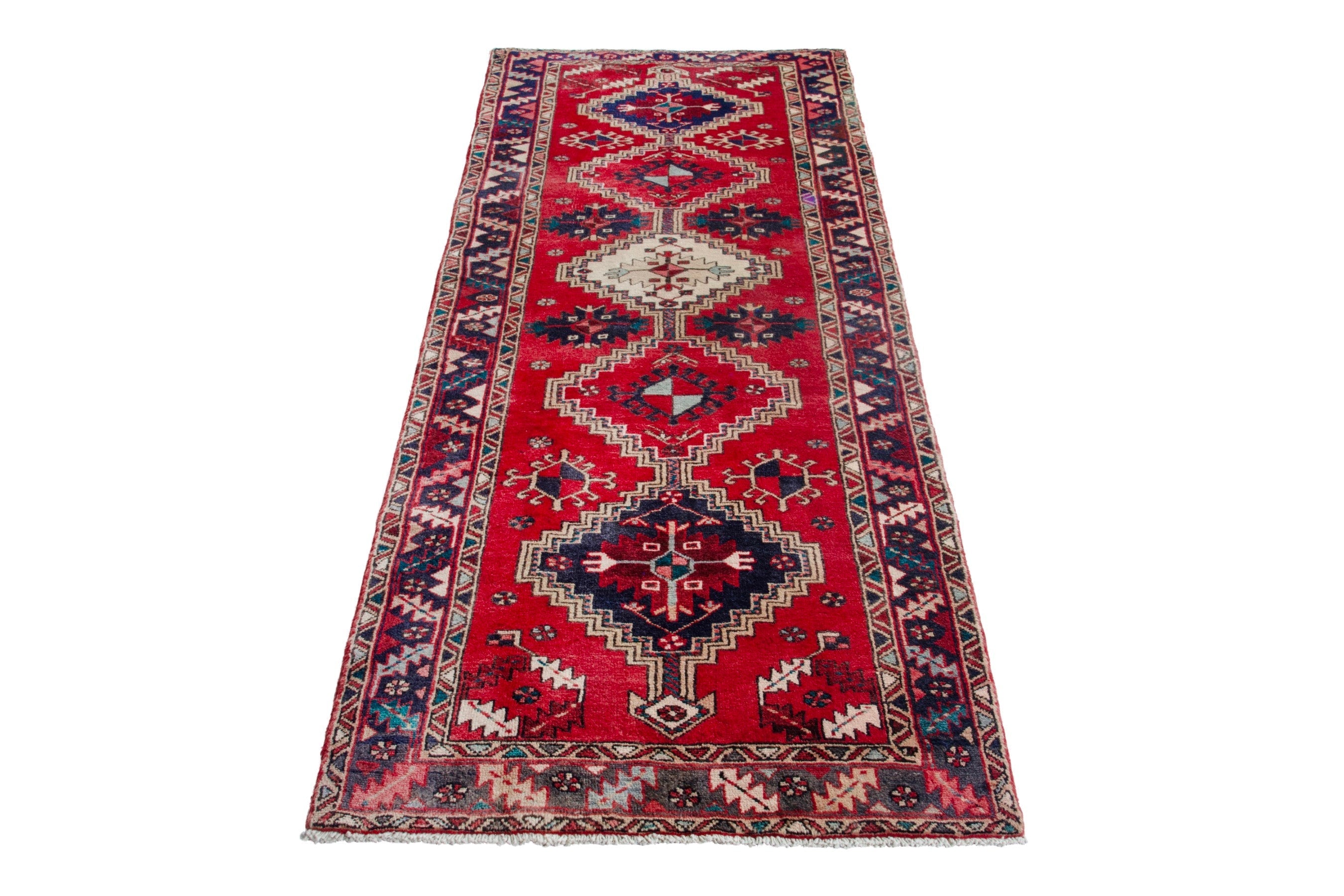 Persian Azerbaijan runner rug in deep red and navy, view 2 of 20