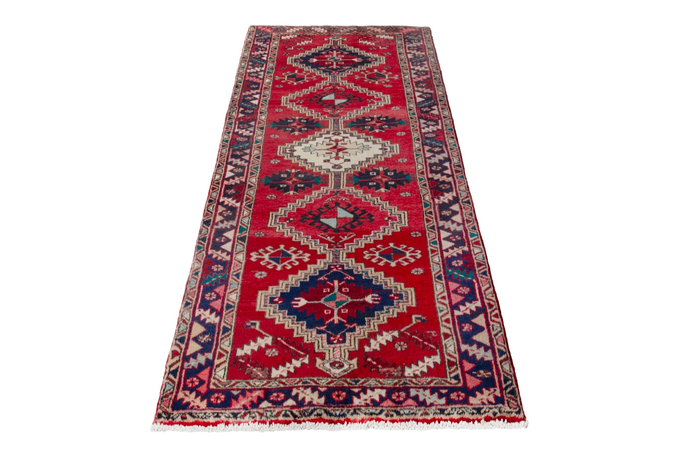 Persian Azerbaijan runner rug in deep red and navy, view 3 of 20