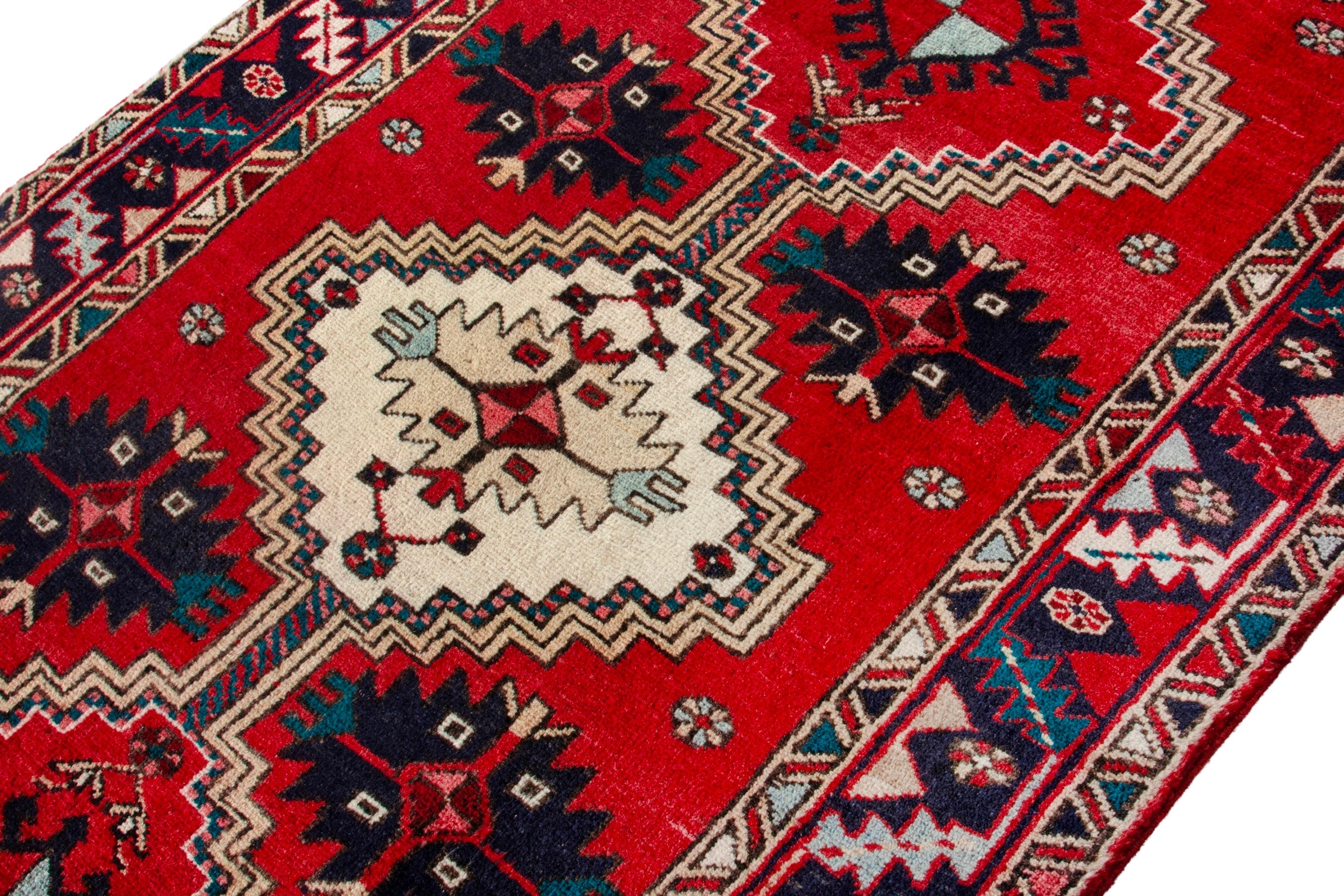 Persian Azerbaijan runner rug in deep red and navy, view 6 of 20