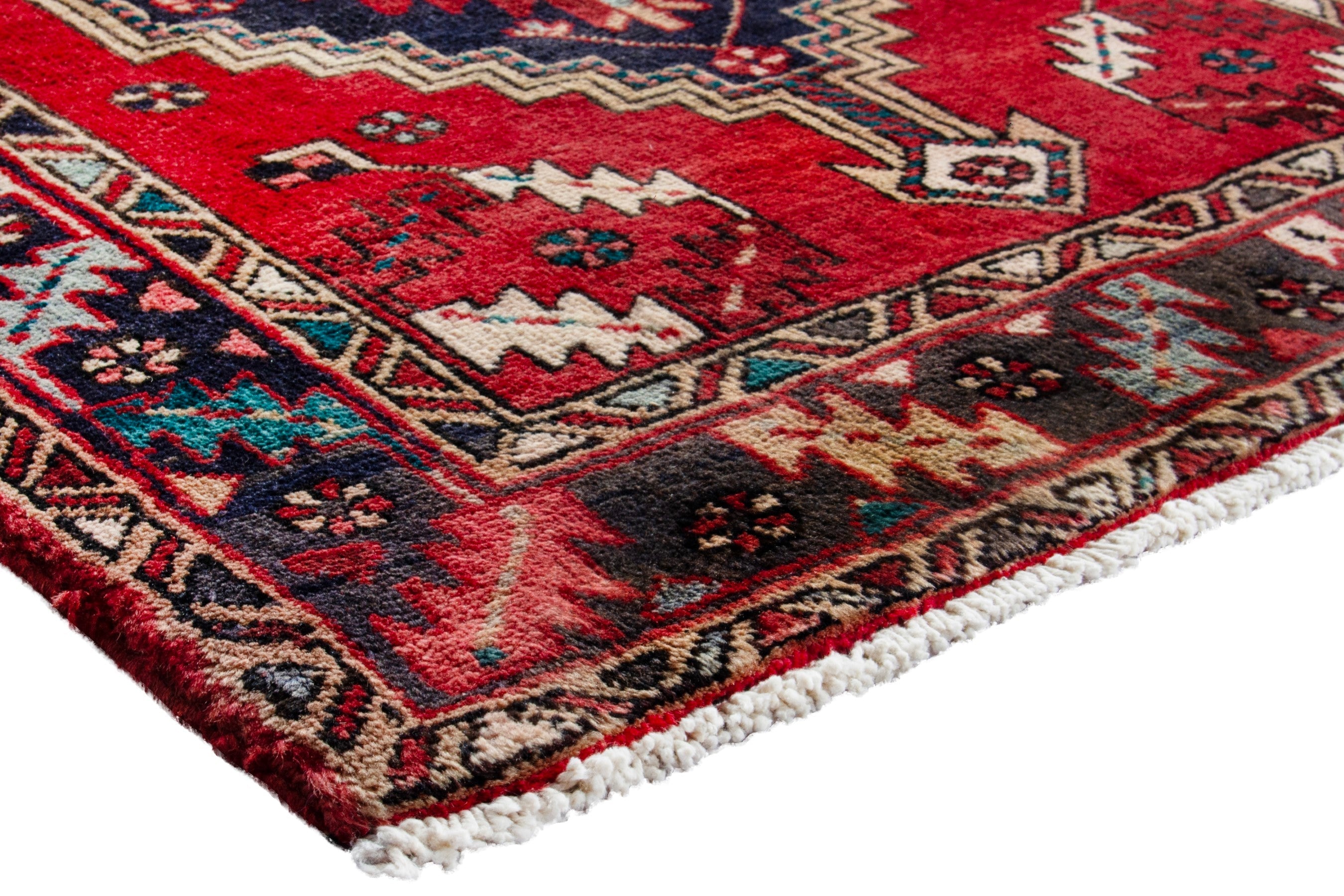 Persian Azerbaijan runner rug in deep red and navy, view 4 of 20