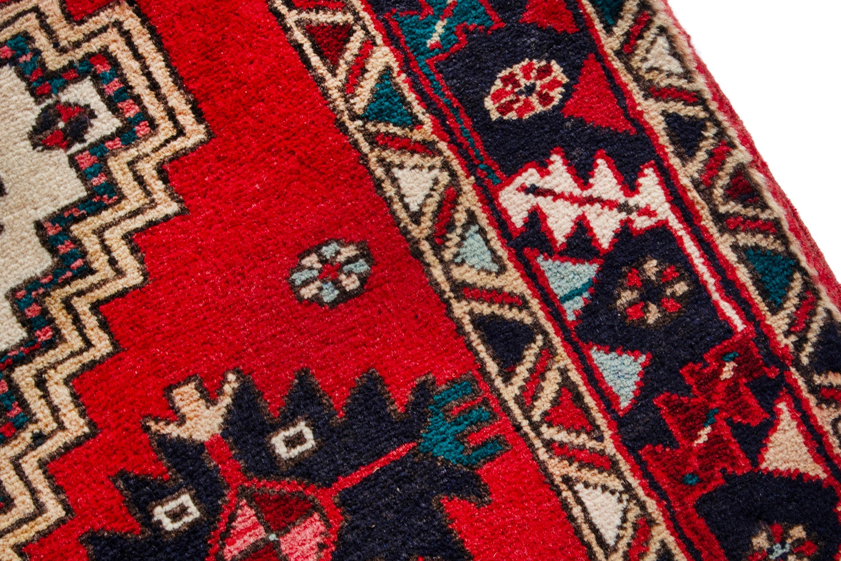 Persian Azerbaijan runner rug in deep red and navy, view 9 of 20