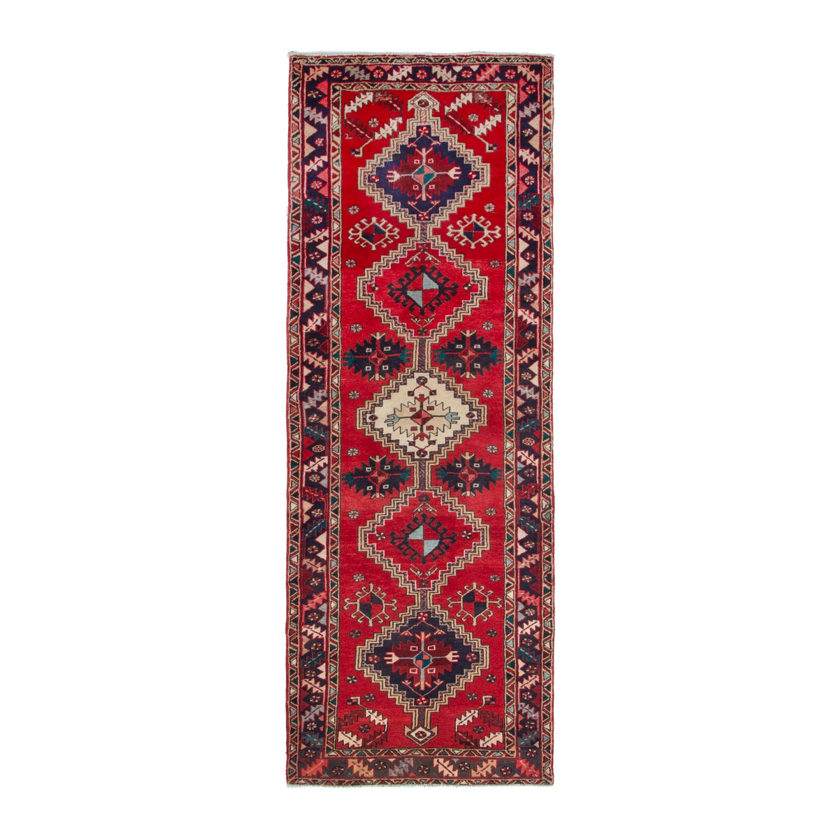Persian Azerbaijan runner rug in deep red and navy, 3'6" x 10'2"