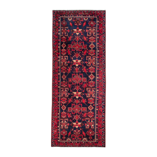 Persian Borujerd runner rug in deep red and navy, 3'7" x 10'