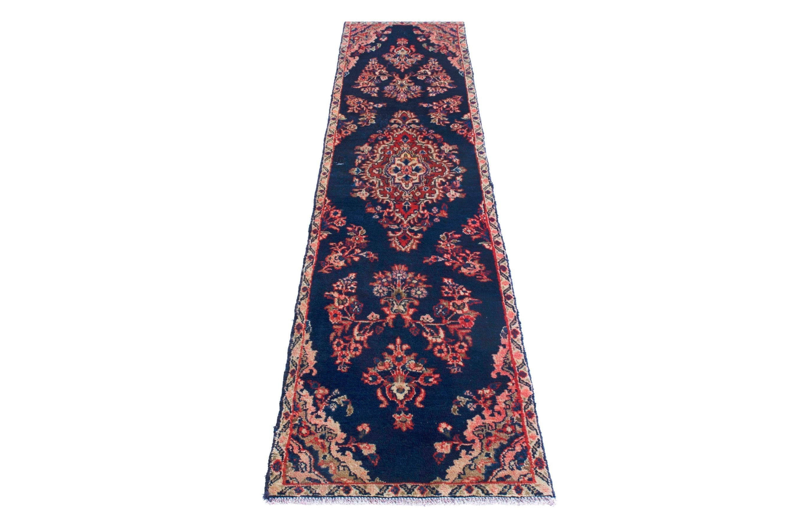 Persian Hamedan runner rug in navy and deep red, view 2 of 18
