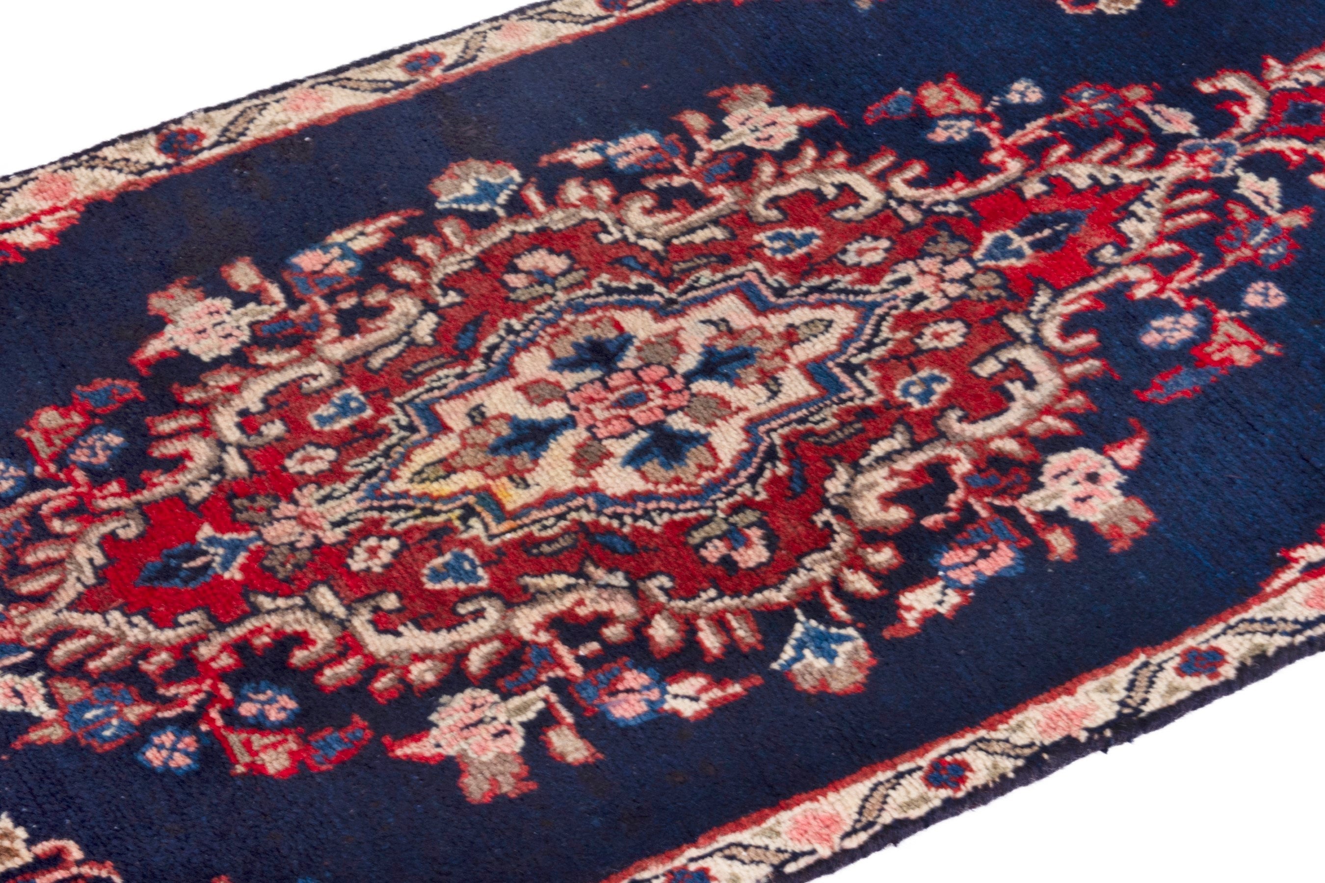 Persian Hamedan runner rug in navy and deep red, view 6 of 18